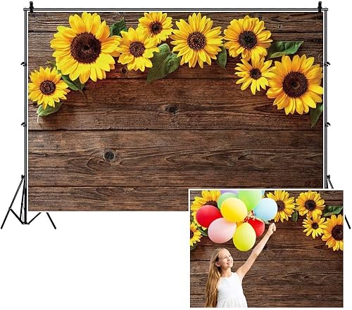 Yeele - Telones de fondo de girasol, vinilo rústico de 15 x 10 pies, textura de madera marrón rústica, fondo de fotografía de piso de madera, baby