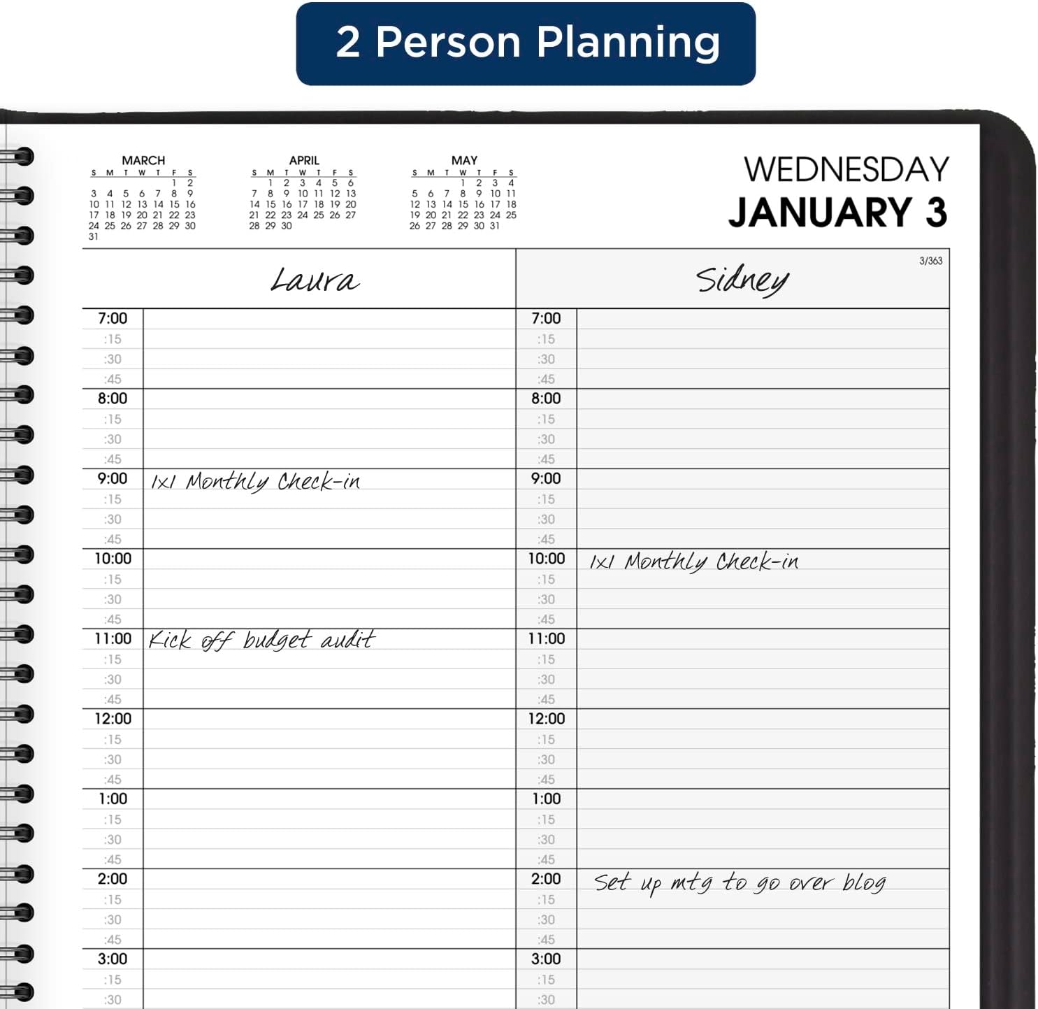 AT-A-GLANCE 2024 Daily Planner, Two Person Quarter-Hourly Appointment Book, 8" x 11", Large, Black (702220524)