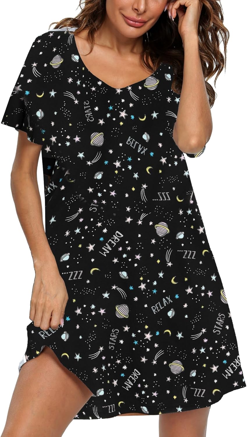 ENJOYNIGHT Womens Cotton Nightgown Short Sleeves Sleepshirt Print Nightshirt - Image 2