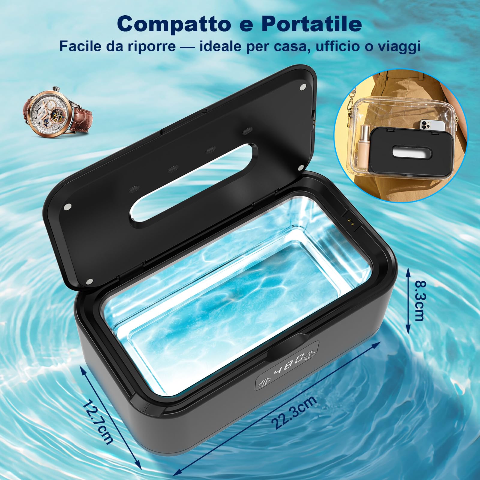 Dispositivo di pulizia a ultrasuoni 49000Hz, pulitore per occhiali 800ml Ultrasonic Cleaner, U-V Ultraschallreiniger con 5 funzioni temporali, Ultraschallgerät per gioielli, orologi, anelli, protesi