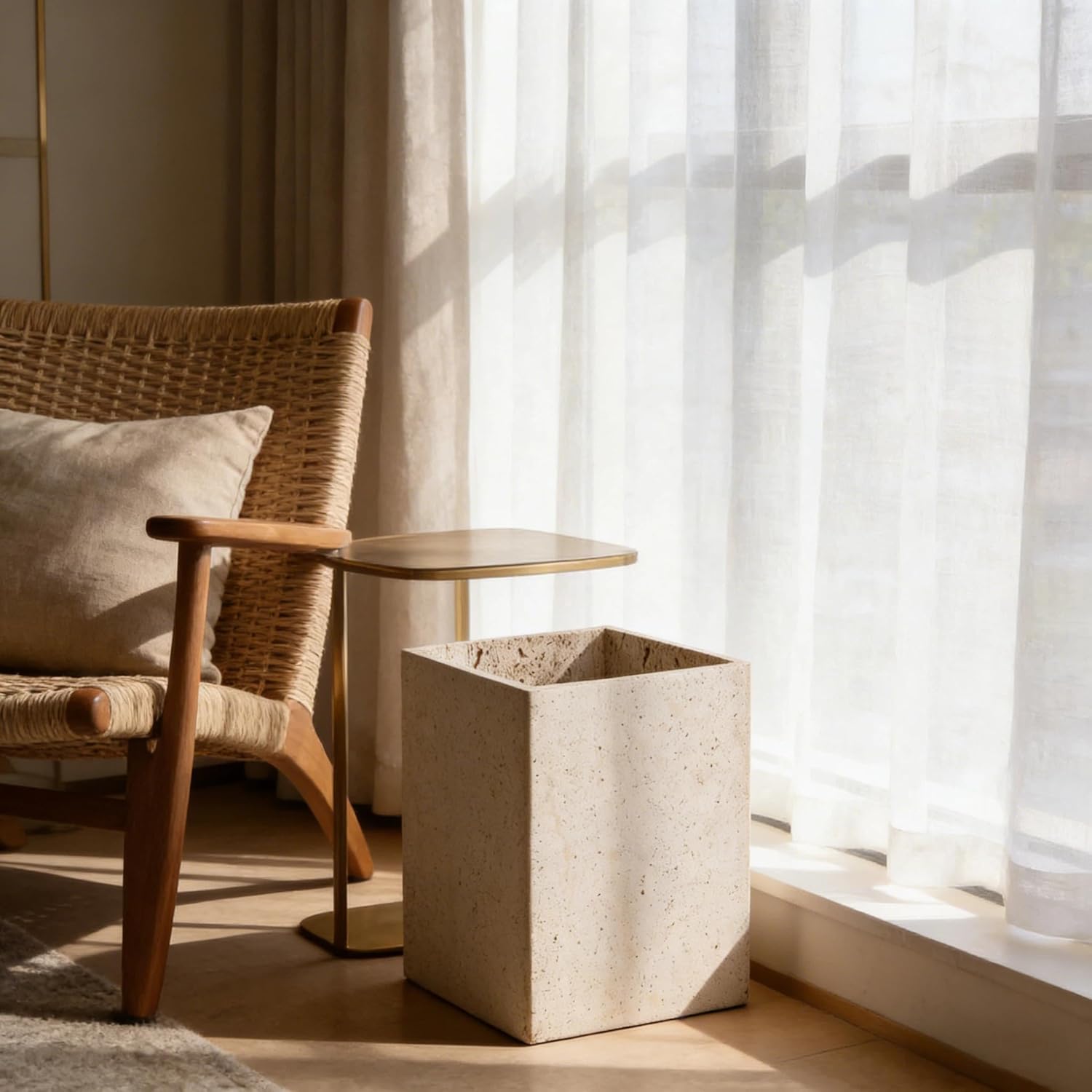 Travertine Wastebasket for Bathroom, Wabi-Sabi Style Teash Can, Ivory Travertine Storage Basket, Rectangular Garbage Basket for Bathroom, Home Office, Bedroom, Living Room, Toilet