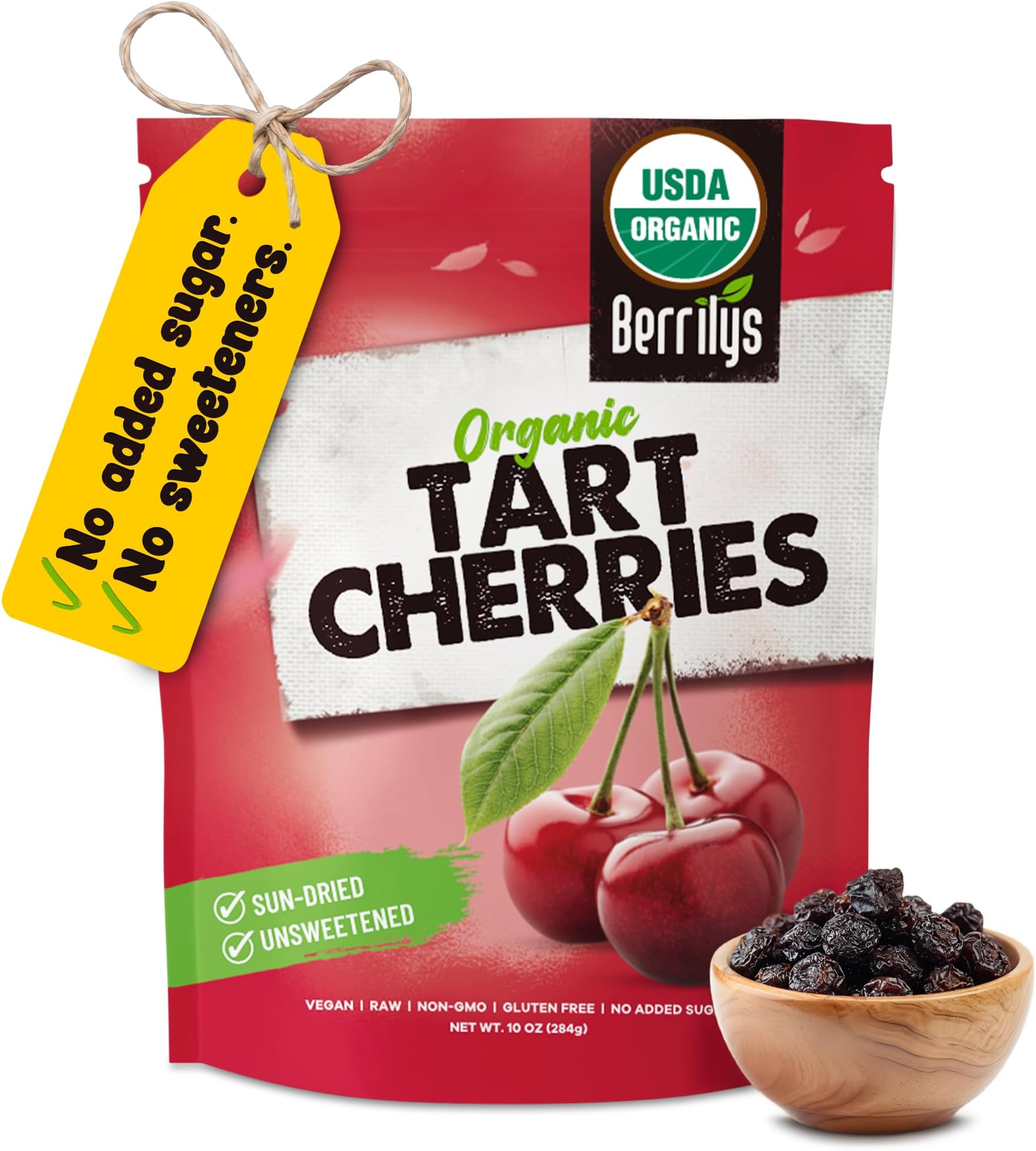 Berrilys Certified Organic Dried Cherries, 284 Gram, Pitted, Great for Baking and Snacking Non-GMO, Unsulfured, No Added Sugar, No Oil, No Preservatives. Naturally Sweet and Tart