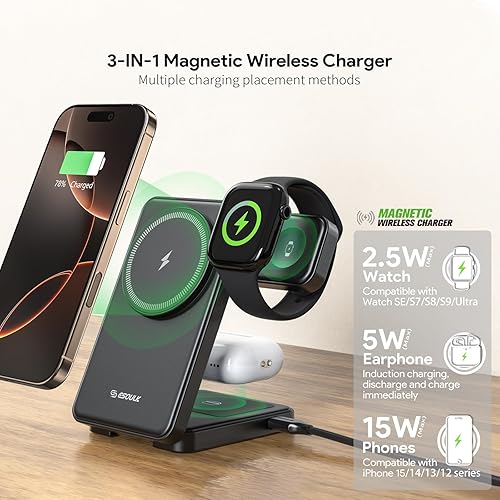Miniatura 4 de Esoulk Estación de carga inalámbrica magnética de viaje plegable 3 en 1 - Cargador rápido portátil para iPhone, AirPods y Apple Watch, base