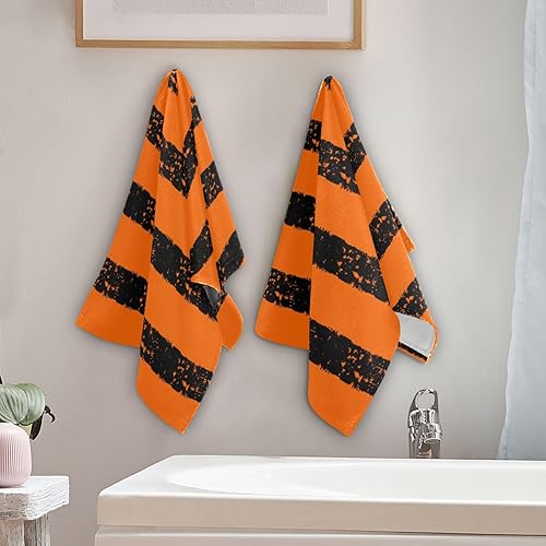 Miniatura 4 de ALAZA Juego de 2 toallas de baño de mano con patrón de Halloween a rayas negras y naranjas, toallas de baño de algodón suaves y absorbentes, toallas