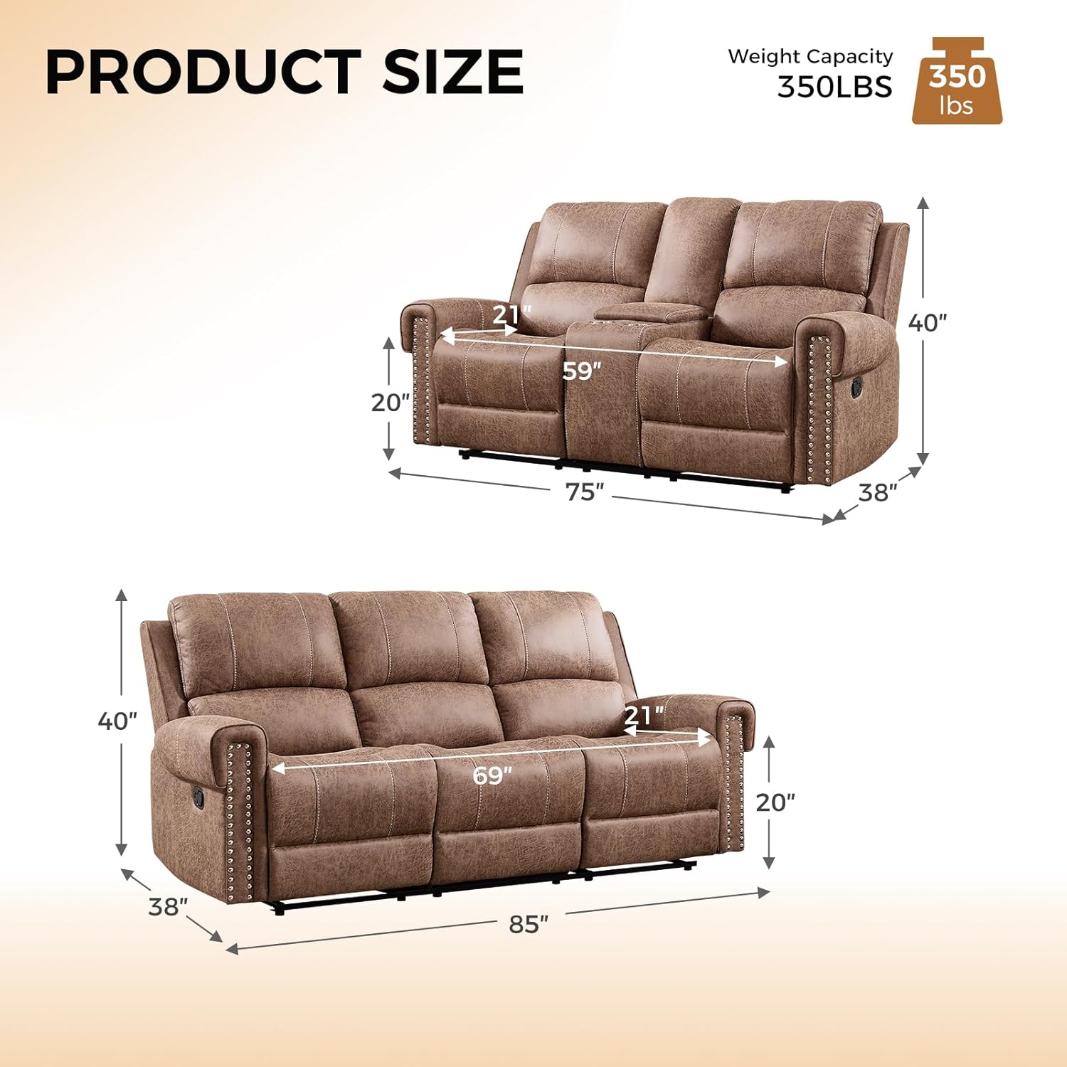 CANMOV 2 Pieces Faux Leather Manual Reclining Couch Furniture Set for Living Room, Included 3 Seater Recliner Sofa and Recliner Loveseat with Rivet Decoration for Living Room, Brown