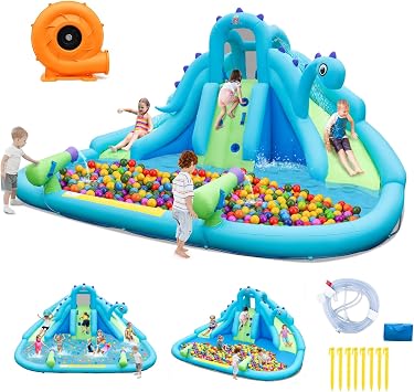 BOUNTECH Inflatable Water Slide Park with Dinosaur, Double Slides Water Park Bounce House w/Climbing Wall, Bouncy Castle with Blower for Outdoor Backyard, Blow up Water Slides Inflatables for Big Kids