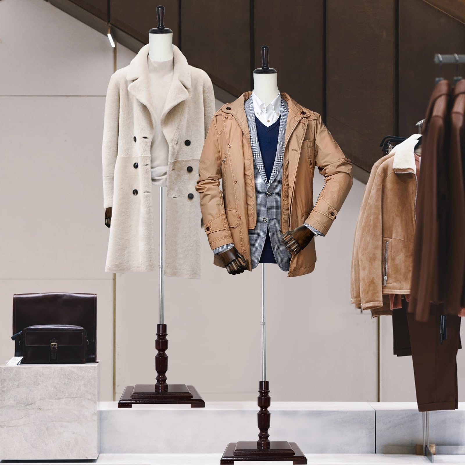 Męski manekin krawiecki, tors do prezentacji odzieży męskiej, z odpinanym uchwytem na buty i wieszakiem na spodnie, mocowanie ramion na sprężynach, idealny do witryn(Beige,With rack)
