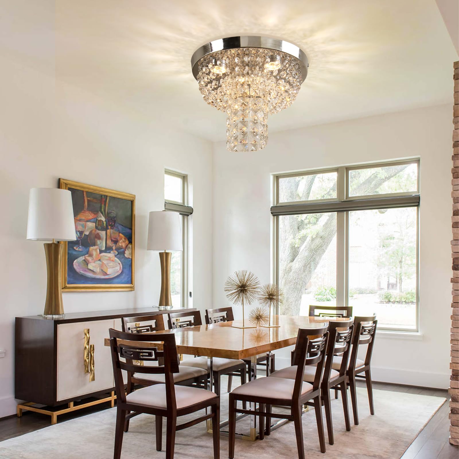 FRIXCHUR Dimmable Square Crystal Chandelier Ceiling Light - 9.8" Flush Mount LED With Remote