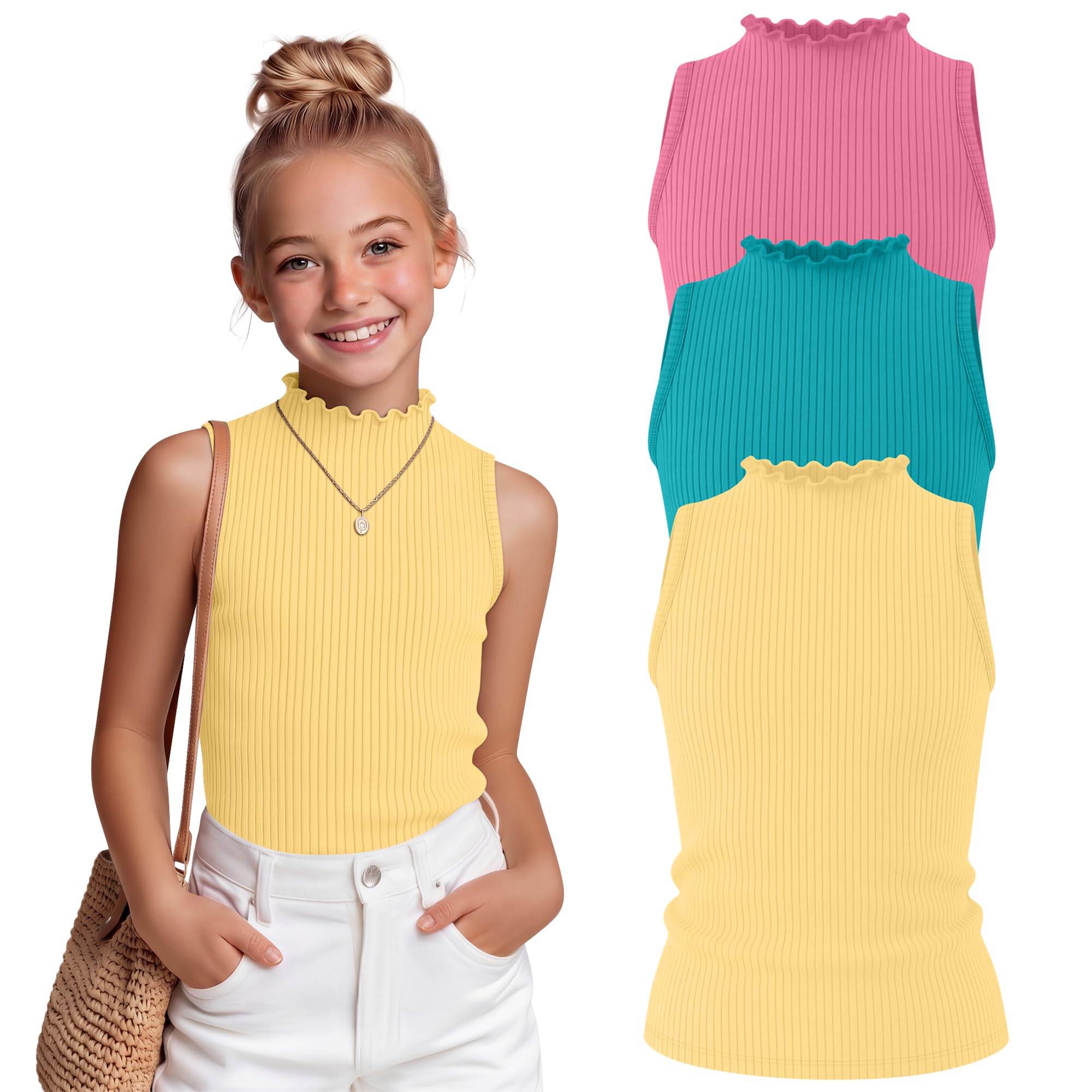 Ficerd 3 Pack Girls Mock Neck Tank Tops | Mock Neck, Tank, 5-14Y, Ribbed Knit, Sleeveless, Undershirts, Kids, Lettuce Trim, Slim fit, Layering, Summer, Casual, Basic