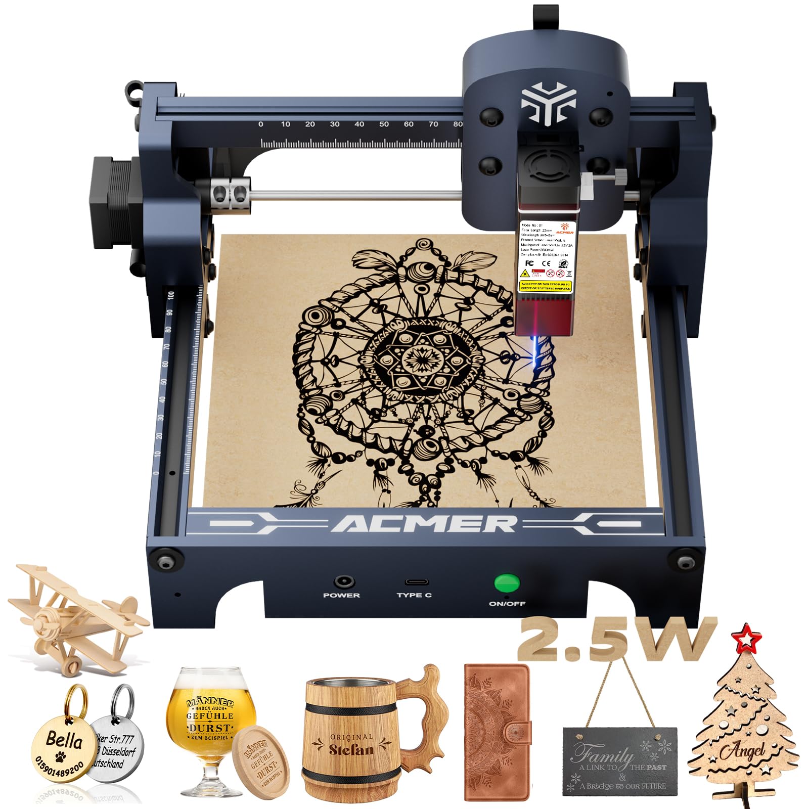 ACMER S1 Laser Engraver, 2500mW Laser Engraver Machine Higher Accuracy Wood Cutter and Engraving Machine with Working Area 130x130mm,0.04mm Laser Spot for Wood Acrylic Metal Glass