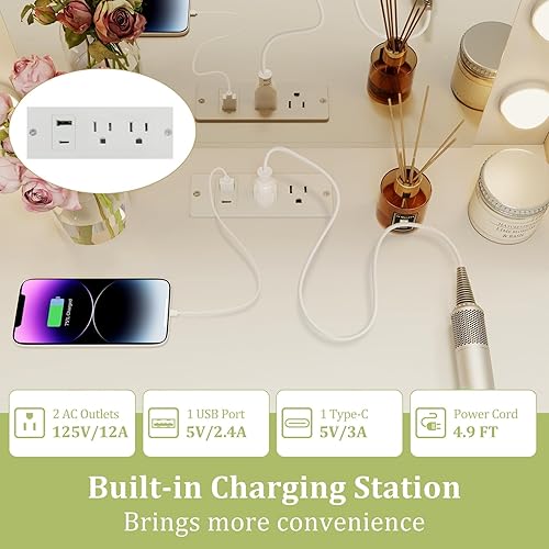 Miniatura 6 de CHARMAID Escritorio pequeño de tocador con espejo y luces, mesa de tocador de maquillaje blanca con banco de almacenamiento, cajones, estantes, mesa