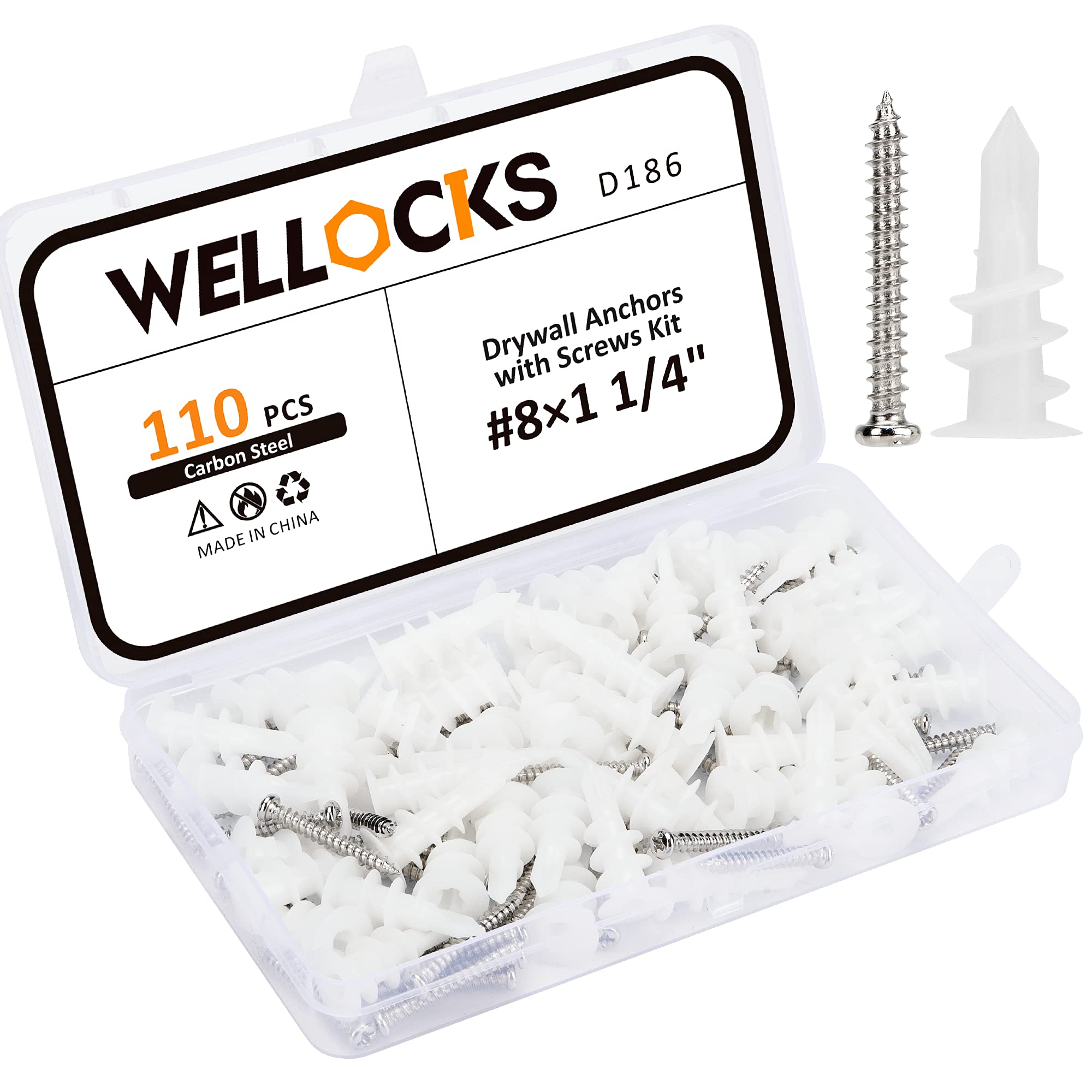 WELLOCKS Drywall Anchors Screw Kit 110 PCS #8×1 1/4" Metal Self Tapping Screw Pan Head White Zinc Coating and Plastic Wall Anchors Set Wall Plug Bolts Expansion Bolt for Wallboard Concrete(D186)