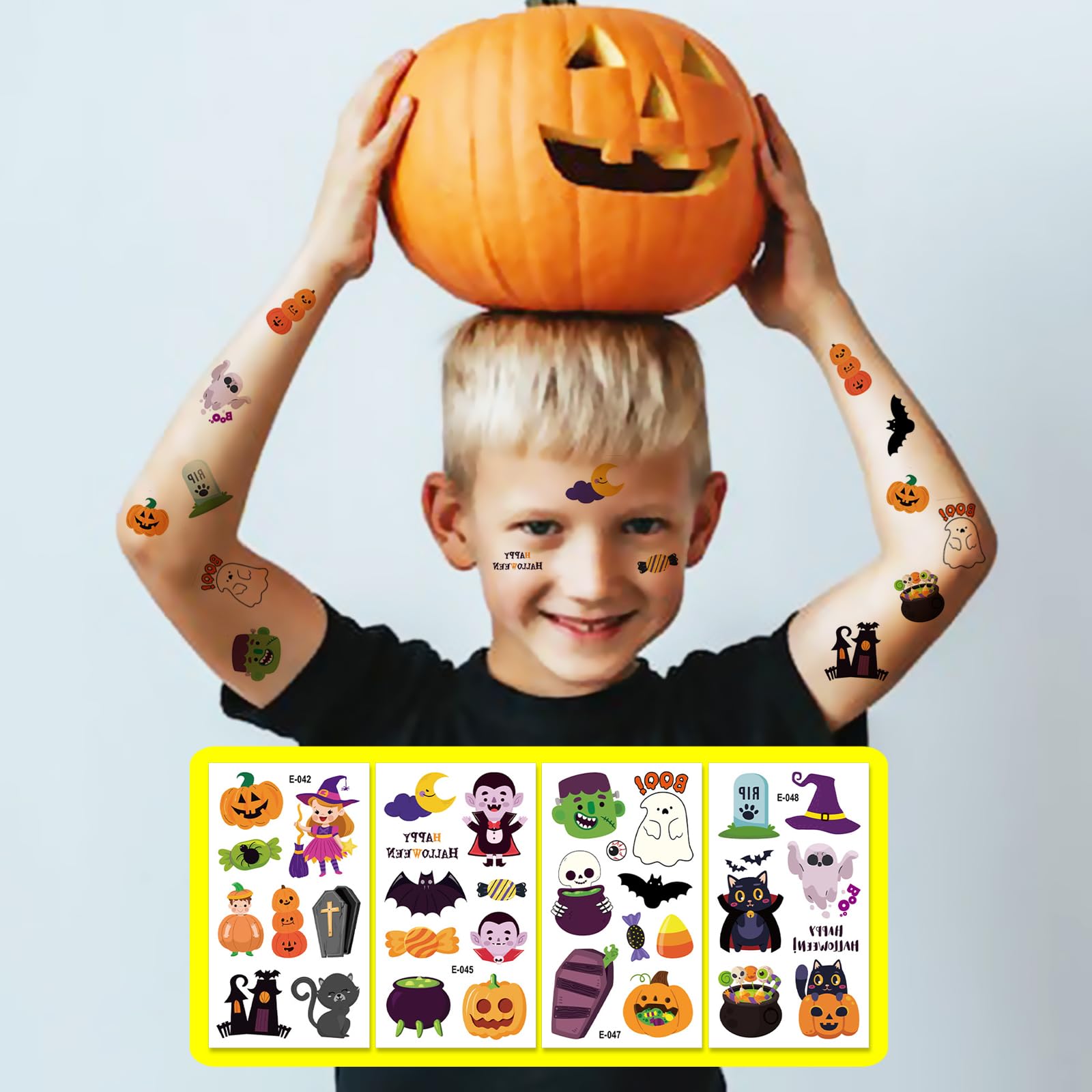 Eowppue 30 Sheets of Halloween Cartoon Face Tattoo Stickers, Cute Pumpkin & Quirky Waterproof Designs for Kids and Adults - Image 4