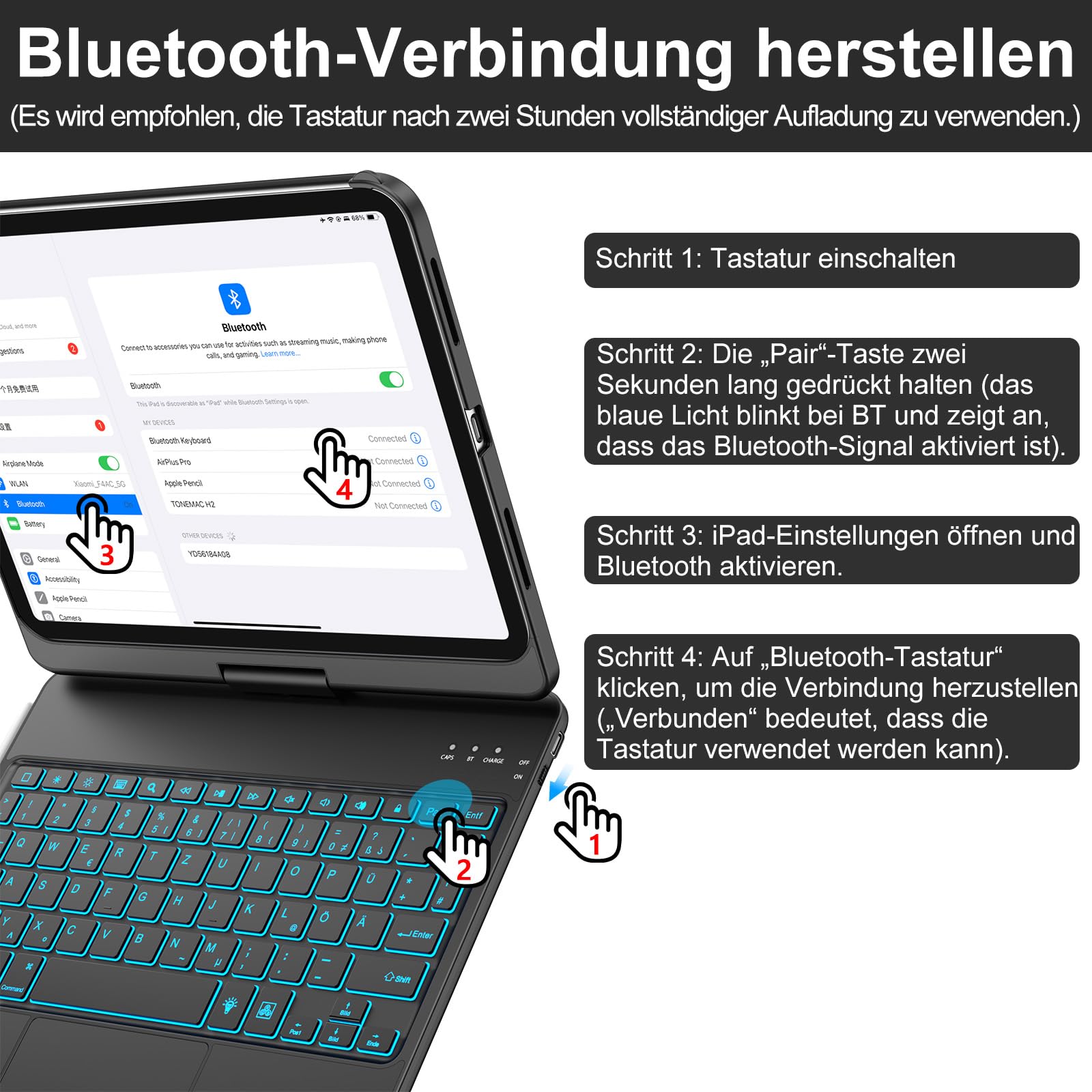 KBCASE Bluetooth Tastatur Schutzhülle für iPad 10. Gen 2022 10,9 Zoll, iPad 11. Gen 2025 A16 11 Zoll, mit Touchpad, QWERTZ, 360°-Drehung, 7- Farbige Hintergrundbeleuchtung (Mitternachtsschwarz)