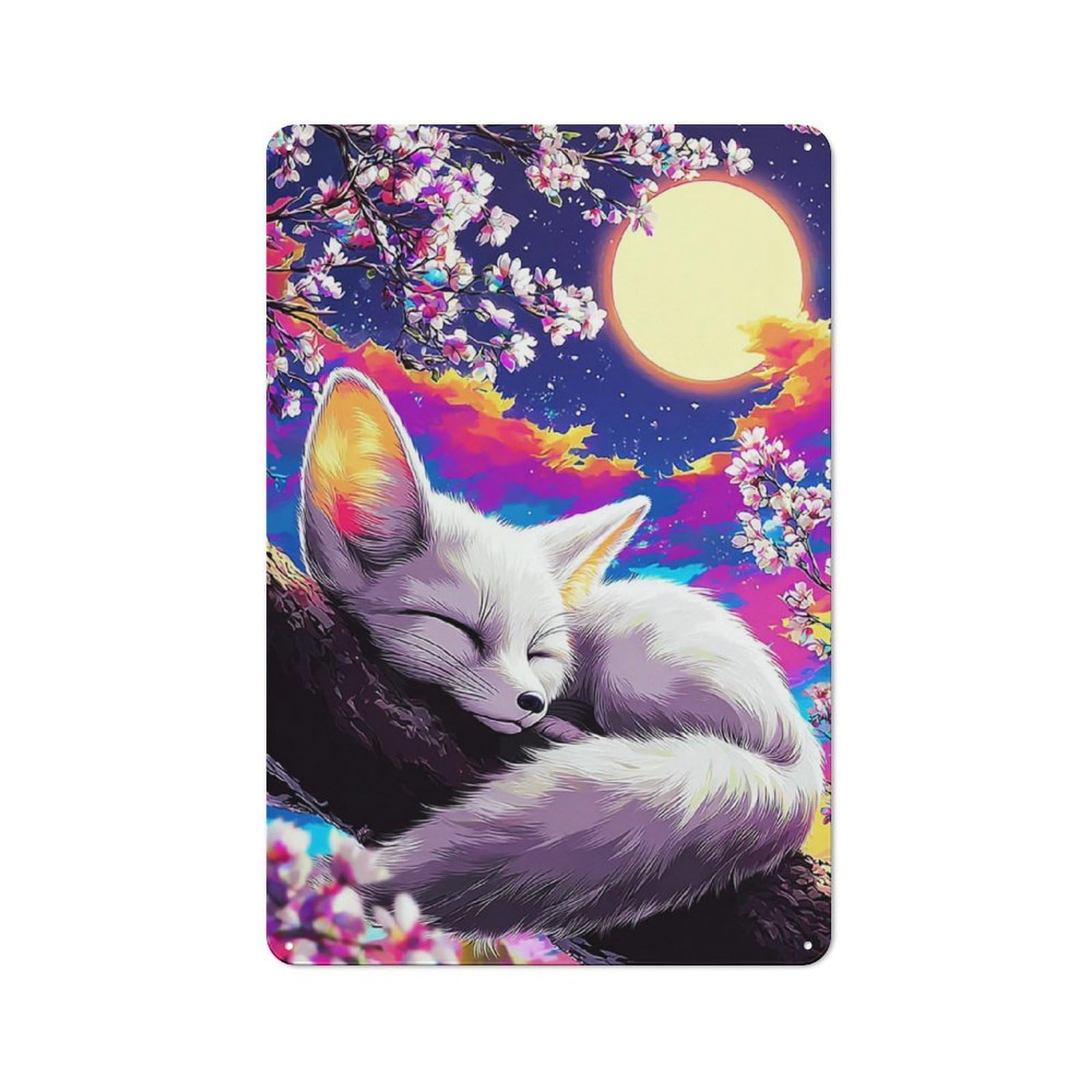 Junmoney Fox Dreams Under Moonlit Blossoms Vintage Tin Sign 30X20cm, Old Fashioned Retro Room Decor For Bedroom, Office, Home Bar Or Dining Room