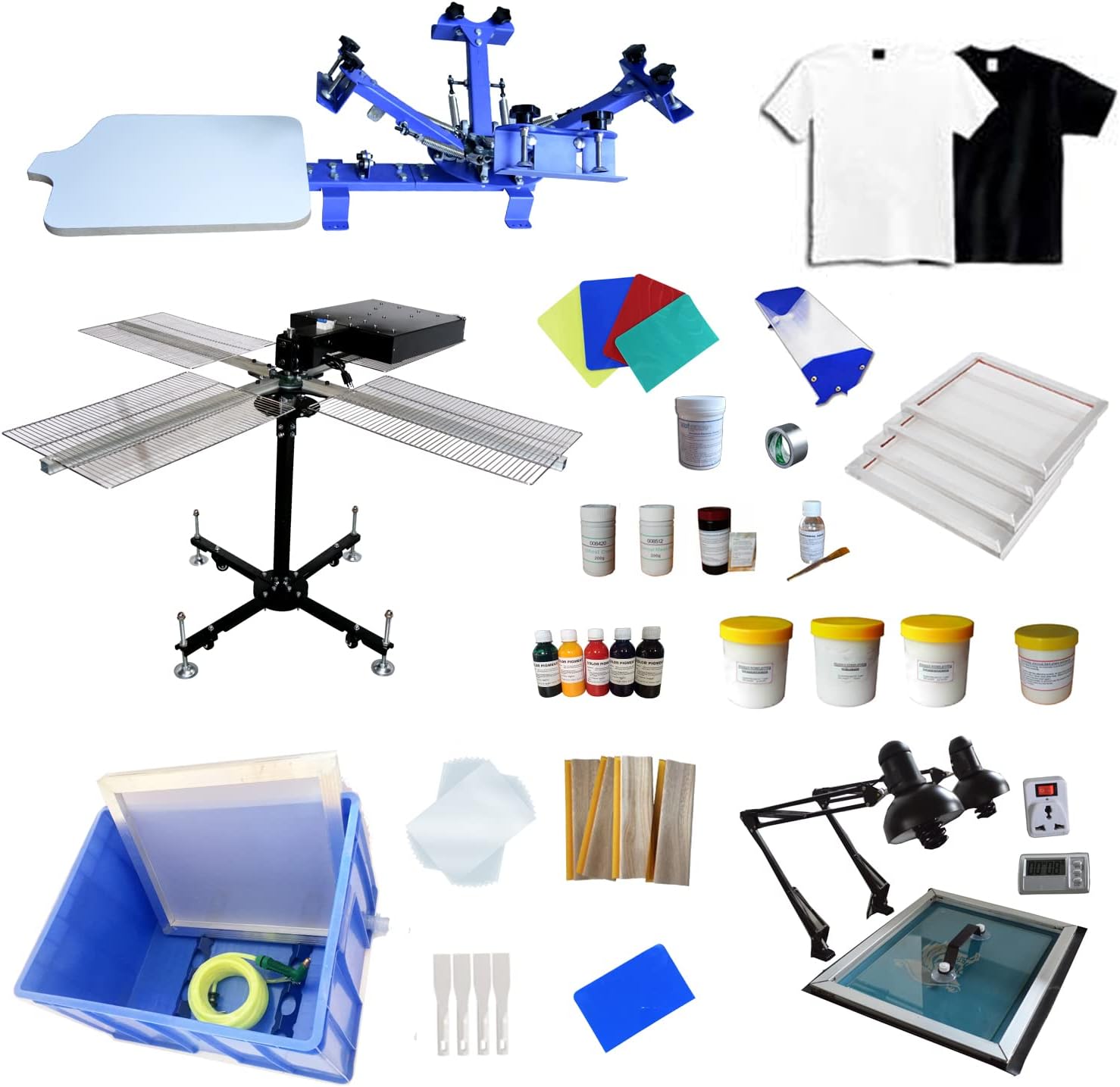 Tianiuseen 4 Color 1 Station Screen Printing Kit with Silk Printing Press Equipment Material Desktop Screen Printer Screen Printing 16 * 16 inch Flash Dryer for T-Shirt Printing