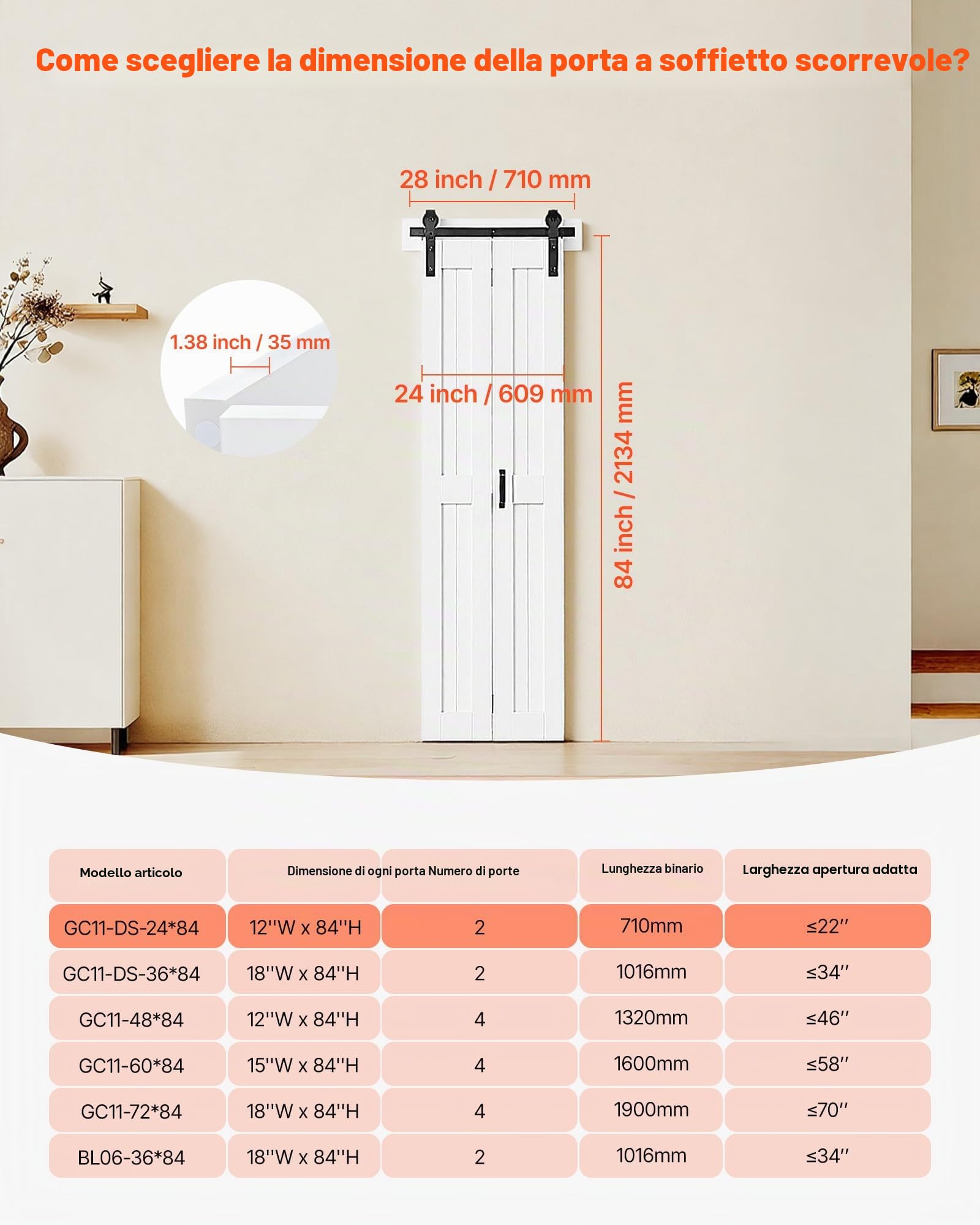 VEVOR Porta Scorrevole a Soffietto da 609 x 2134 x 35 mm, in MDF per Armadio con Kit Ferramenta, Design Salvaspazio con Telaio a H, Assemblaggio Autonomo per Camera da Letto, Guardaroba, Bianco