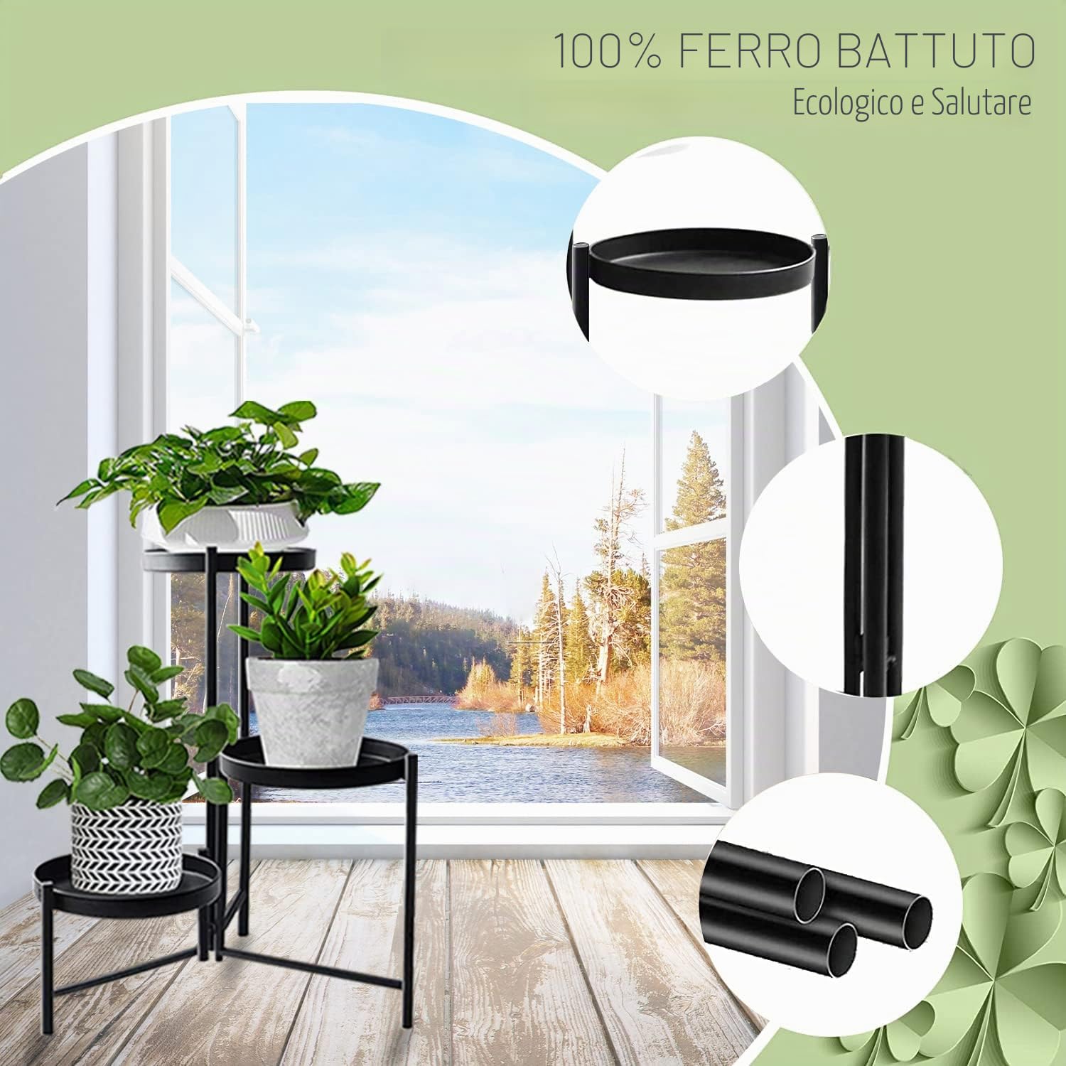 MUAEEOK Supporto per piante in metallo, per interni ed esterni, altezza 42 cm, 3 ripiani, resistente, organizer per vasi da fiori in ferro battuto, espositore angolare verticale per giardino