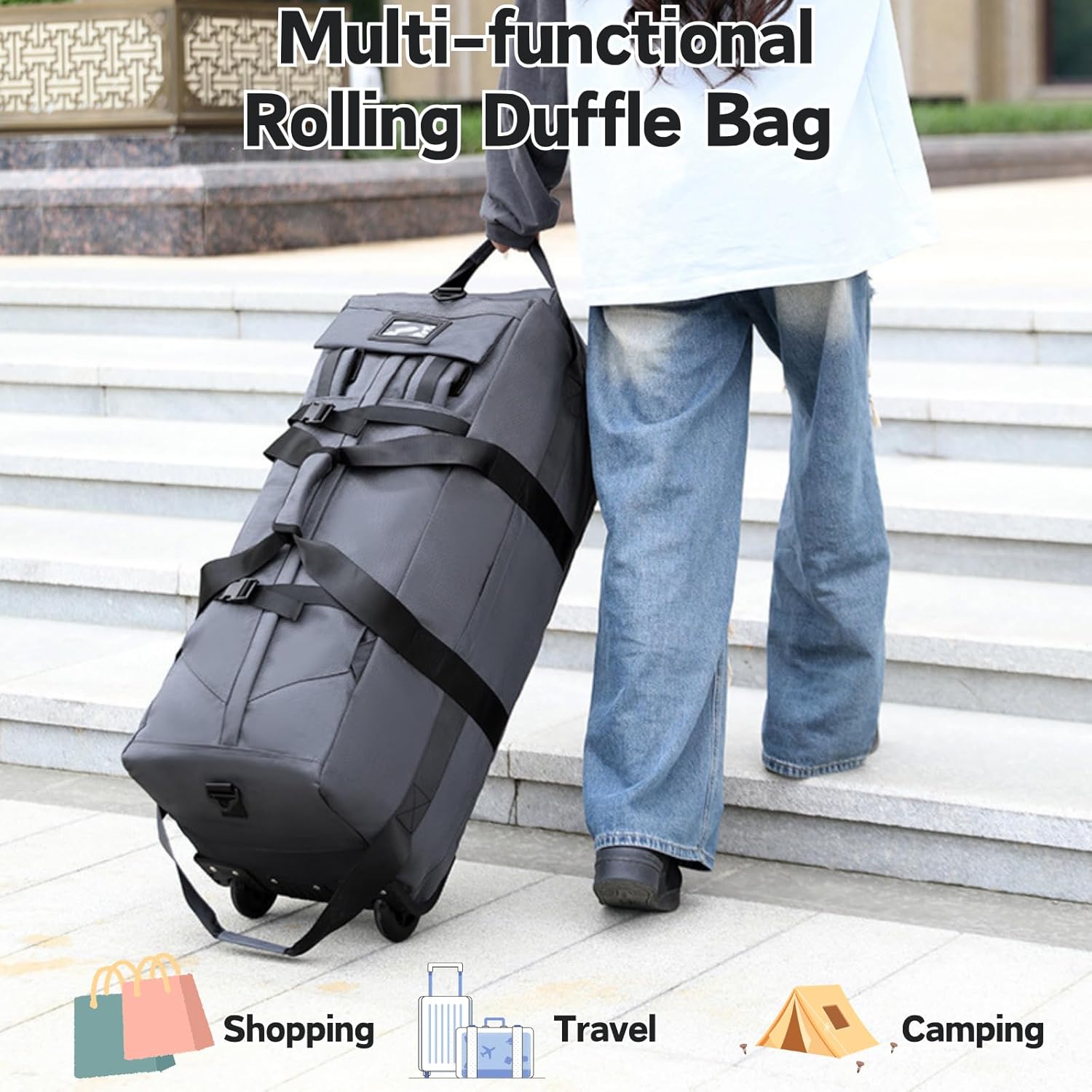 Rolling Duffle Bag with Wheels, 92L 34” Folding Duffle Backpack Soft-Sided with 2 Wheels, 6-way Carry-On Large Travel Bag Men/Women Multiple Pockets for Long Trip, Black - Image 2