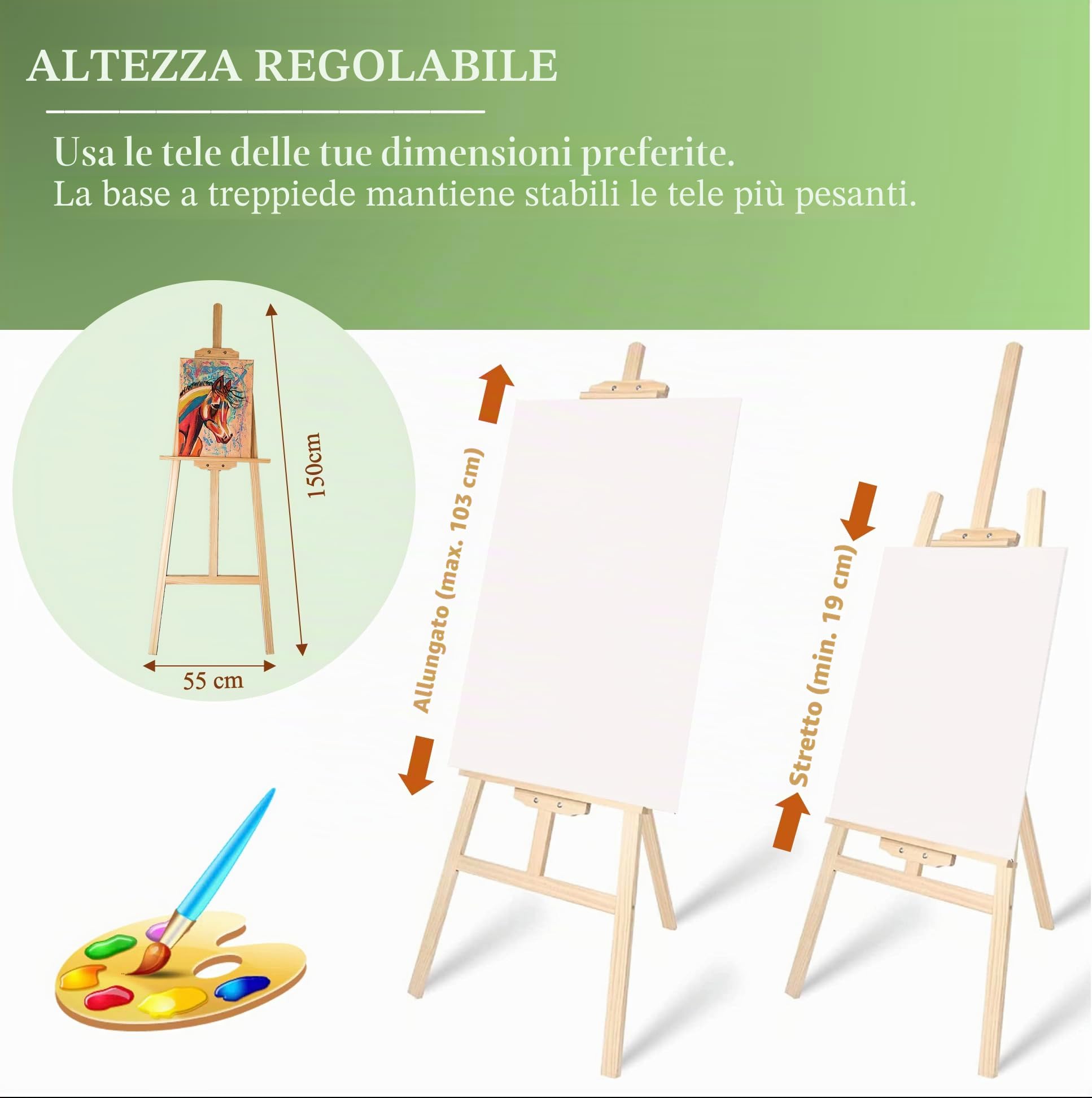 Cavalletto acrilico professionale 150 cm include pennelli. Cavalletto pittura per tele grandi e piccole. Cavalletto in legno pieghevole e regolabile in altezza. Supporto per tele e esposizione a