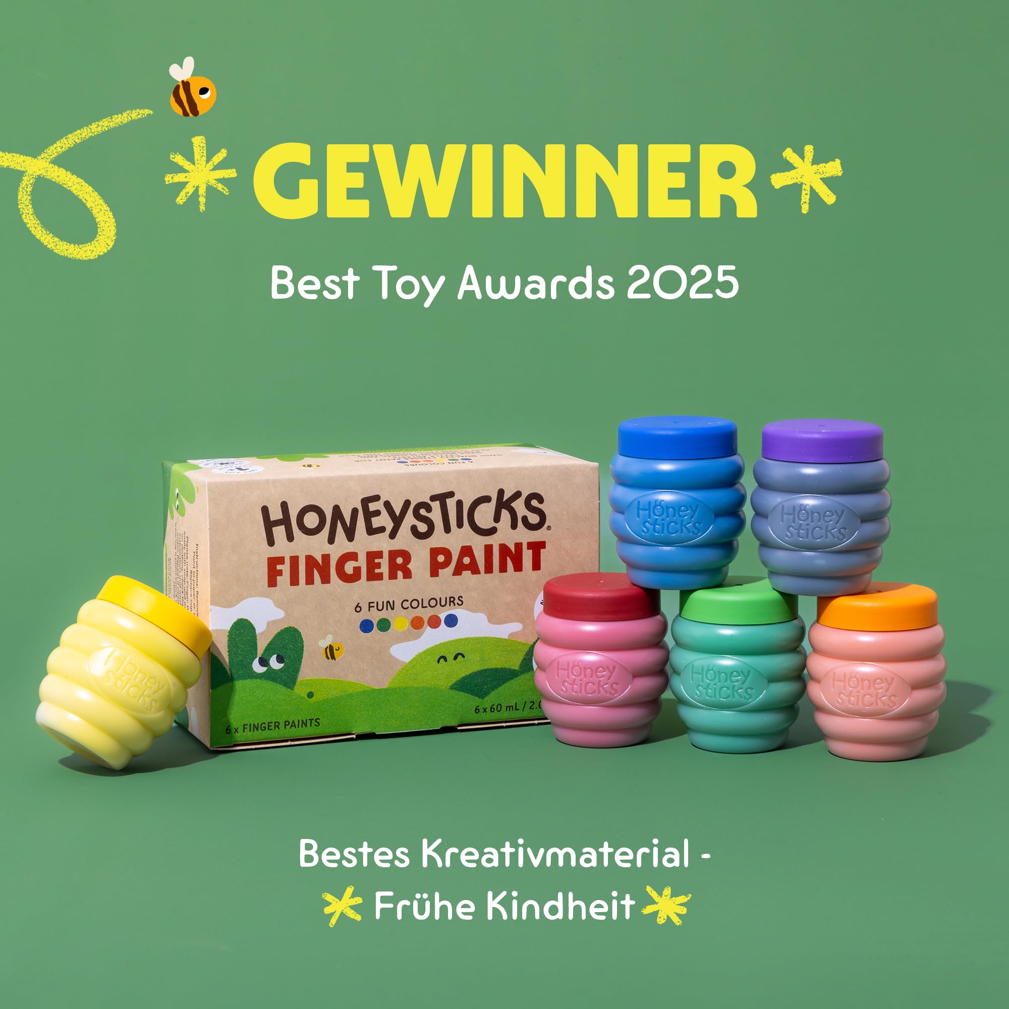 Honeysticks Fingerfarben für Kinder Ungiftig ab 1 Jahr, 6 Leuchtende Farben, Abwaschbar, Unbedenkliche Fingerfarben für Kleine Künstler von 1-5 Jahren, auf Wasserbasis, Umweltfreundlich