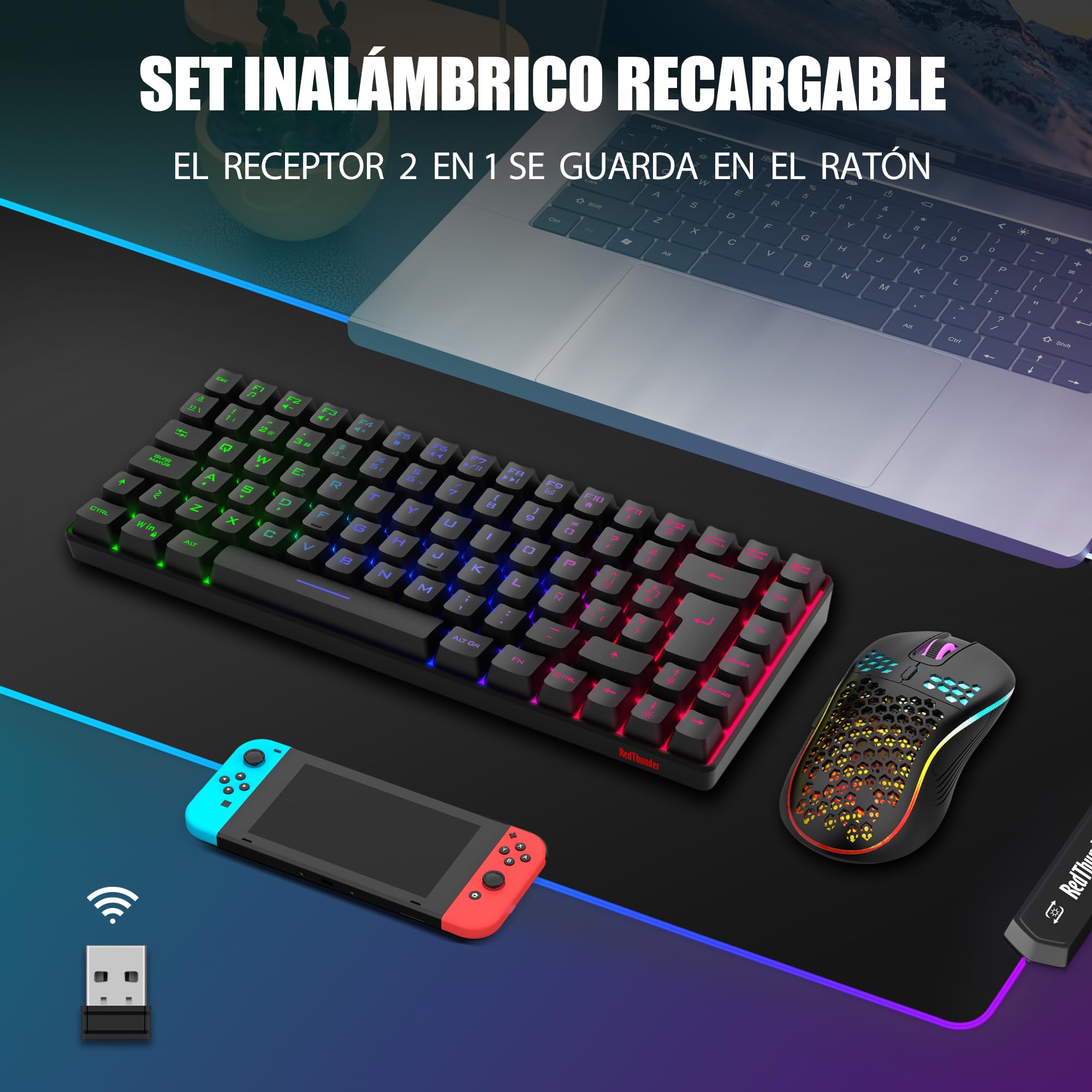 RedThunder 75% Teclado Inalámbrico Gaming,Retroiluminación RGB,Ratón Celular Ligero de 3200 dpi,Teclado Ultra-Compacto 85 Teclas Anti-ghosting,Disposición ES,para PC/PS5/Xbox