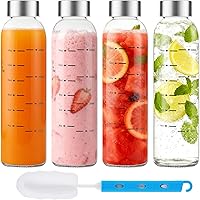 Weasland 17oz Glass Juice Bottles with Lids - Set of 4 Reusable Leakproof Water Bottles, BPA-Free, Dishwasher Safe for Juicing, Iced Coffee