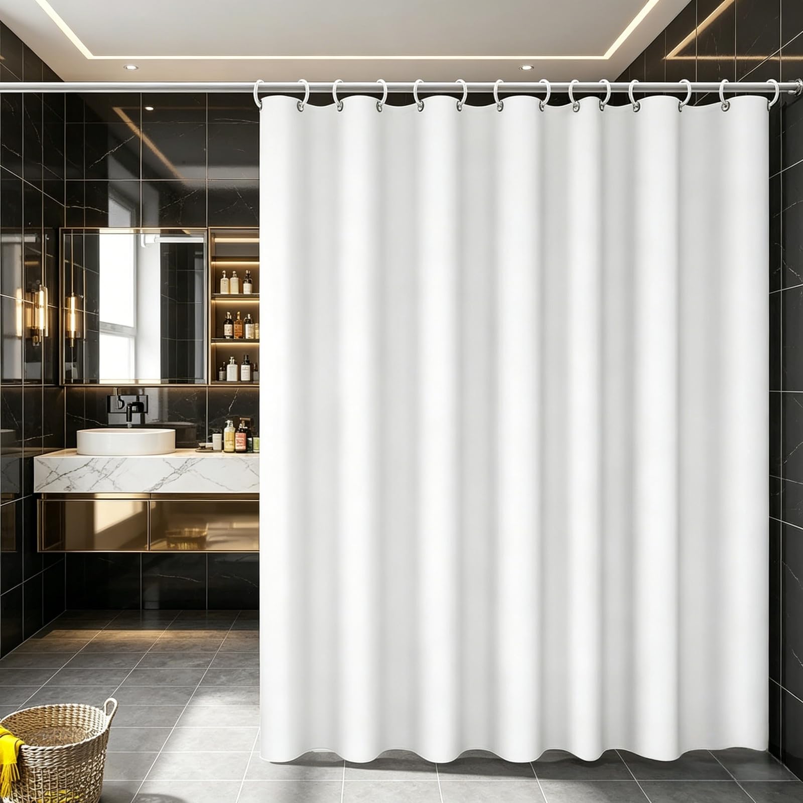 Elegante cortina de ducha impermeable de 185 x 245 cm, dobladillo pesado, poliéster lavable de secado rápido, cortinas de baño para baño y ducha, elegante diseño blanco