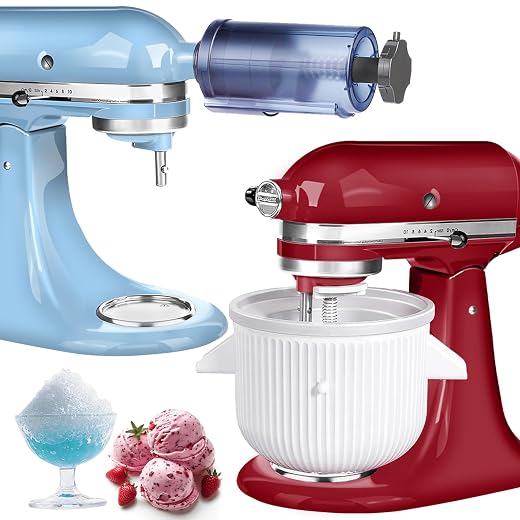 Ice Cream Maker & Shaved Ice Attachment for Kitchen aid Mixer, Kitchenaid Accessories Set Includes Shaved Ice Machine with 8 Ice Molds and Ice Cream Gelato Maker for 4.5 Qt & Larger Stand Mixers