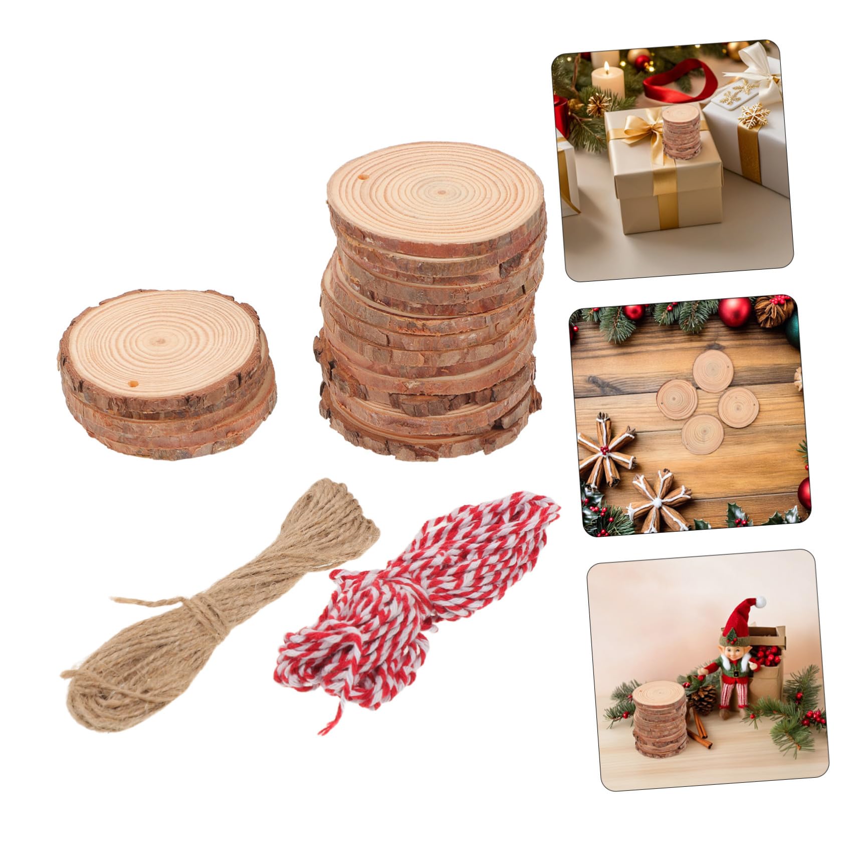 30 Stk. Teiliges Naturbelassene Kiefernholzscheiben Vielseitige Holzscheiben für DIY Basteln Handwerk Weihnachts Hochzeitsdekorationen mit Baumwoll Juteschnur