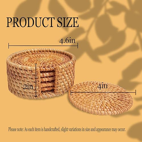 Miniatura 4 de Juego de 6 posavasos de ratán hechos a mano con soporte, posavasos bohemios de mimbre natural, resistentes al calor para bebidas frías y calientes