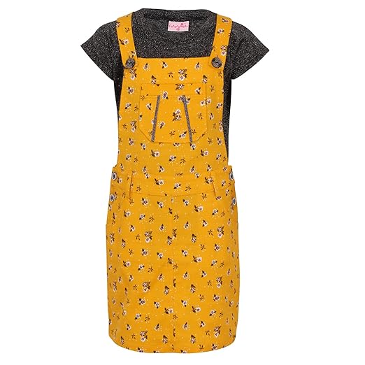 Cutecumber Girls Jacquard Floral Printed Yellow Pinafore Dress with