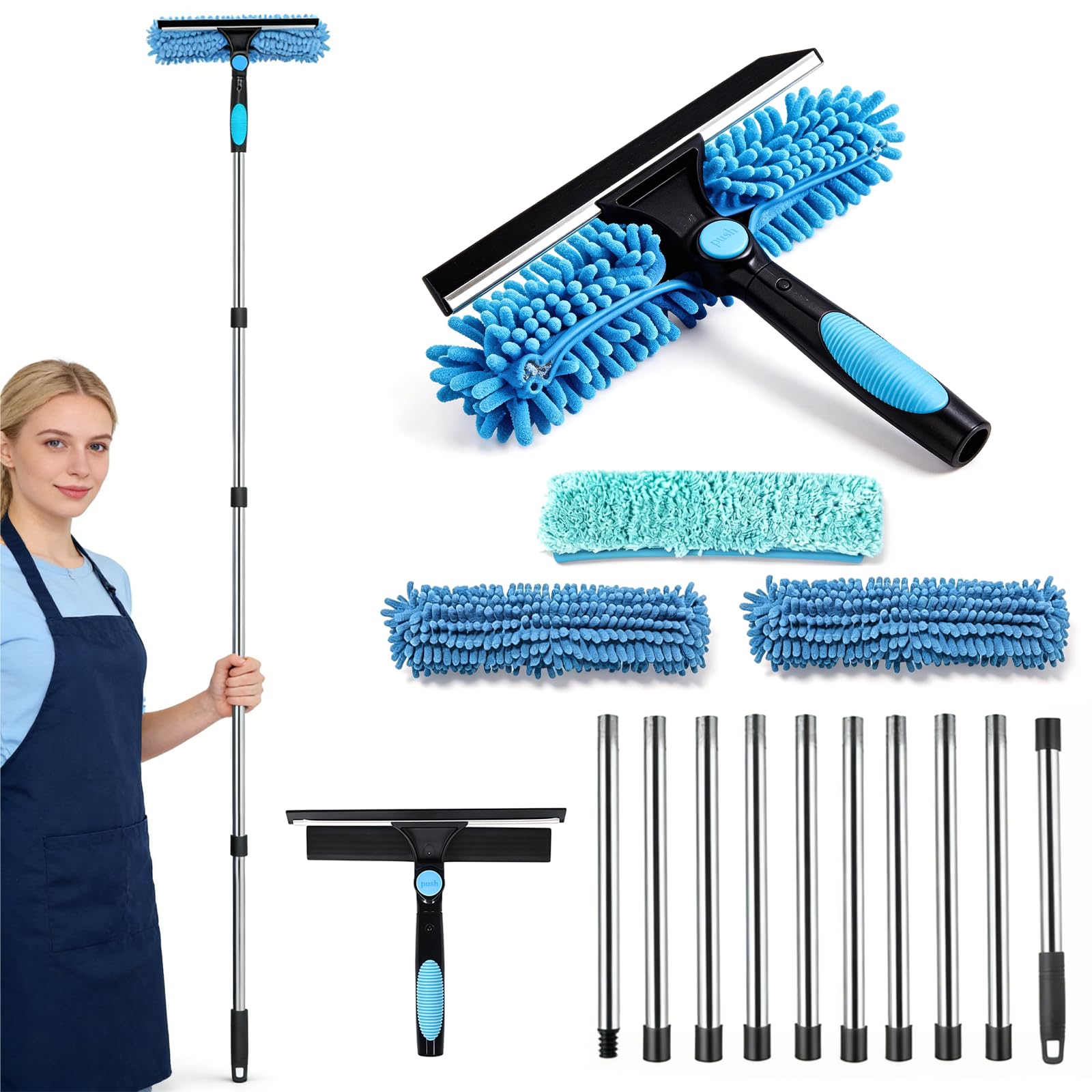 Limpiacristales Telescopico, 10 Palos, 0,13-4 m, Cabezal Giratorio 180°, Paños Repuesto, Chenilla y Cepillo, para Techos Terrazas, Invernaderos, Claraboyas, Grandes Superficies Acristaladas - 2