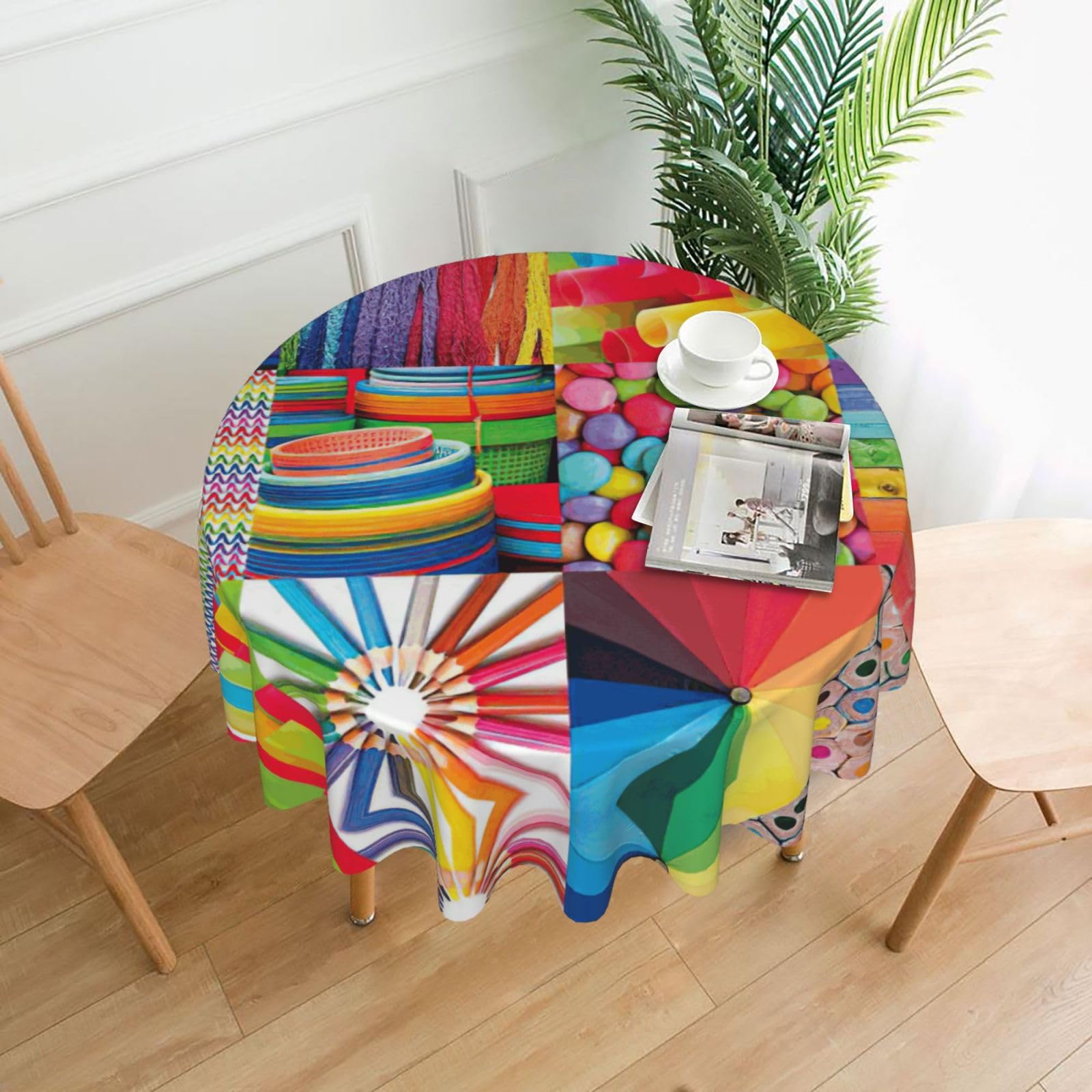SDEGTHO Colorful Collage Print Modern Retro Round Tablecloth 60in Polyester Fabric Cover for Party Dining Table Washable