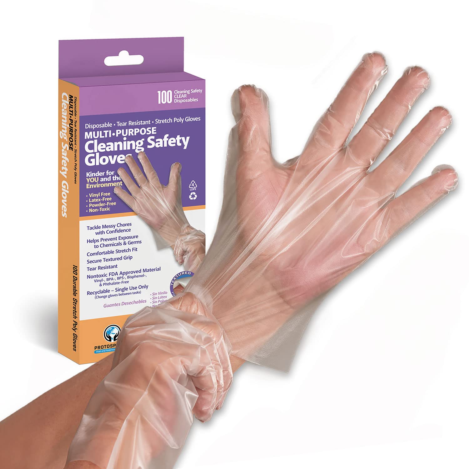 Protospheric Disposable Gloves - Stretch Poly Tough Cleaning Gloves - Non Latex - Clear Nitrile, Vinyl, Latex and Powder Free