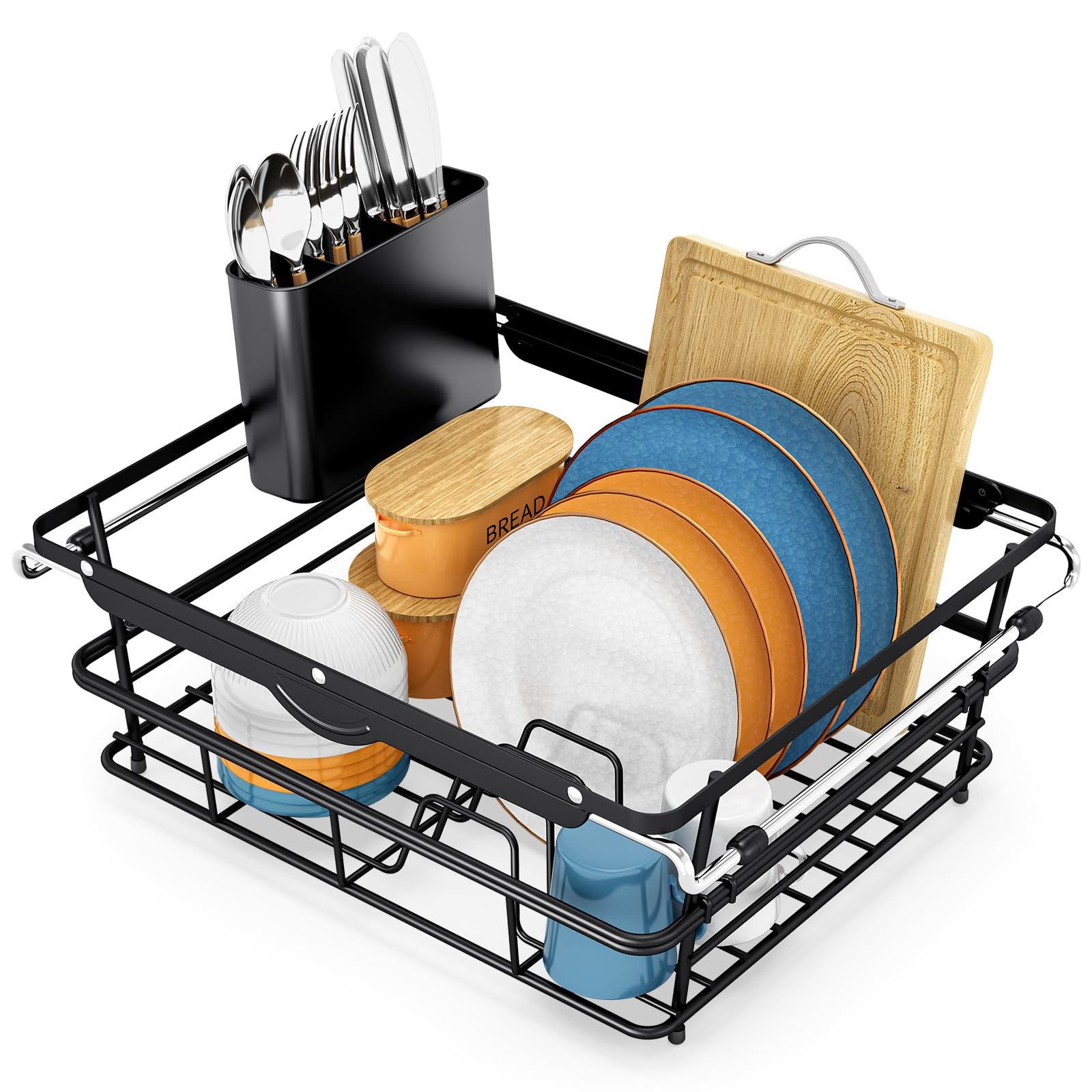 Dish Draining Board - Large Capacity Dish Drainer in the Sink, Extendable Drainer with Utensil Holder for Kitchen Countertop, 97-56.7 x 32.8 x 15.5 cm