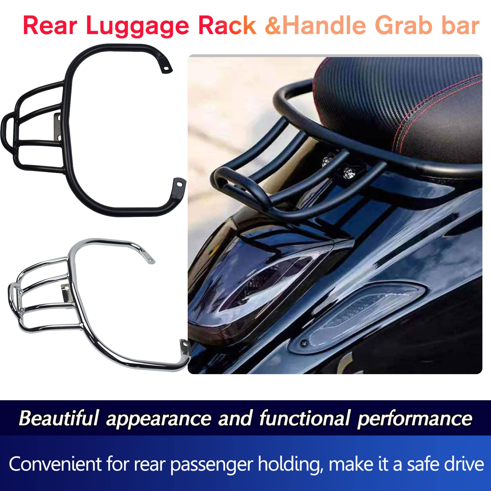 Passenger Grab Bar Fit für Vespa GTS300 GTS250 GTS 300 250 GTV300 2008-2022 2018 2019 2020 2021 2022 2023 Motorrad Hinten Halterung Gepäck Tasche Sport Regal Rack Zubehör (Schwarz)