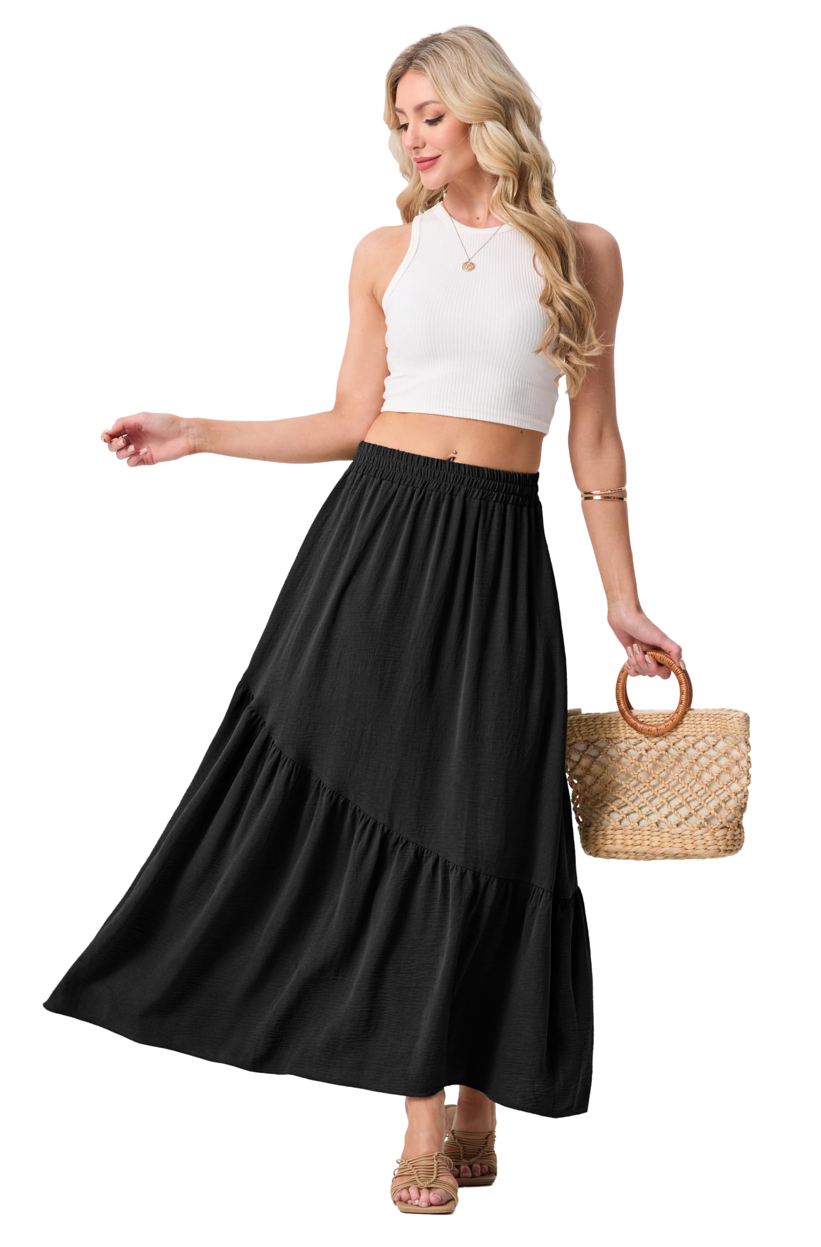 GRECERELLE Damska spódnica maxi, długie letnie spódnice dla kobiet, elastyczna talia, boho, zwiewna spódnica o linii A, z kieszeniami i falbankami, na wakacje i na co dzień