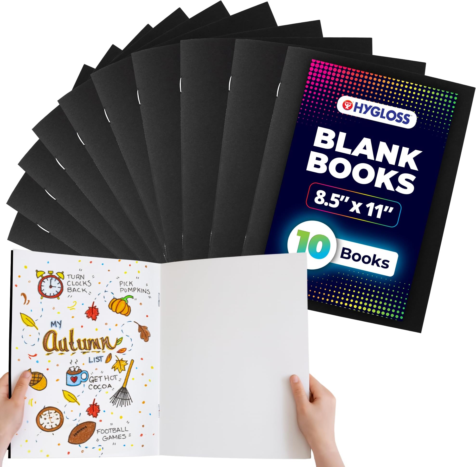 Blank Books - Bulk 10 Pack – 8.5" x 11" A4 Black Paperback Blank Books for Kids to Write Stories, Doodle, Arts & Crafts – Plain Drawing Sketchbook, Unlined Journal, Notebook Without Lines