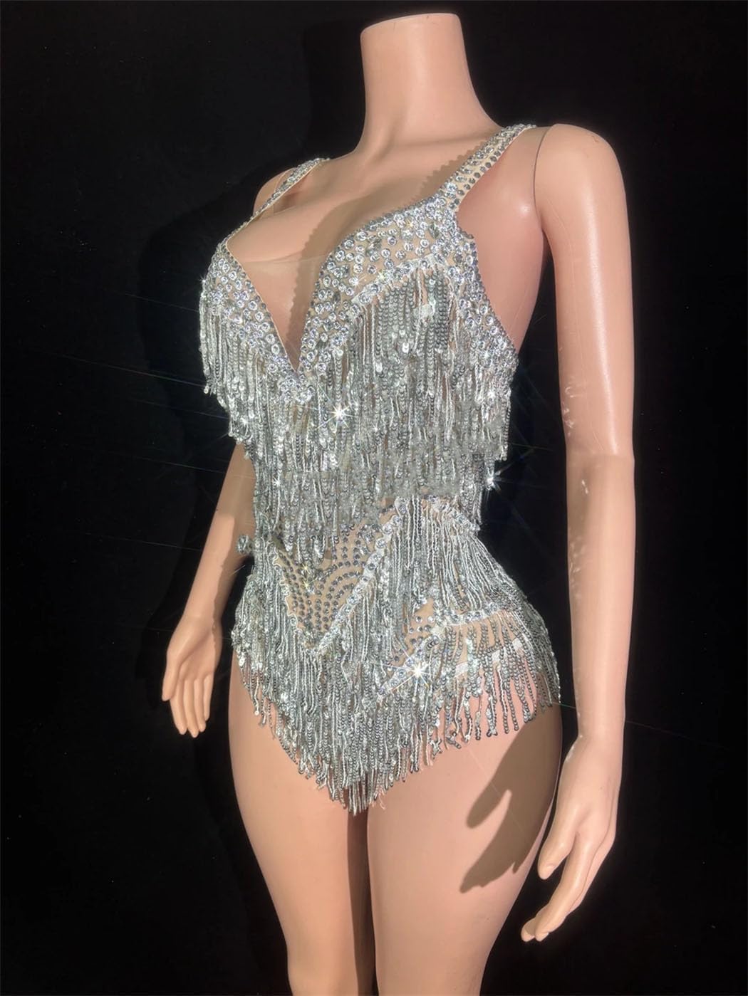 Women's Rhinestone Tassel Bodysuit Performance Dance Costume Singer Dancer Stage Wear See Through