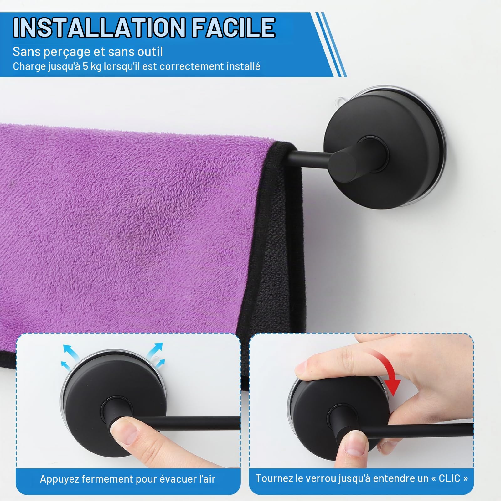 LALAGO 55cm Porte-Serviettes à Ventouse 304 Acier INOX Crochets à Ventouse sans Percer, Barre Porte-Serviettes de Salle de Bain étanche à Vide Capacité de Charge 5KG/PC Noir pour Paroi de Douche