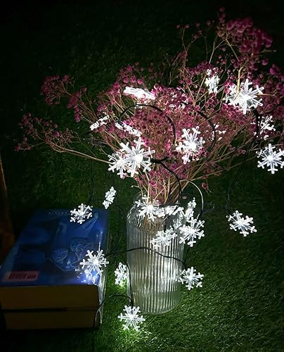Miniatura 7 de Guirnalda de luces solares de Navidad con forma de copo de nieve de 36 pies, 60 LED, 8 modos, guirnalda de luces solares para exteriores,