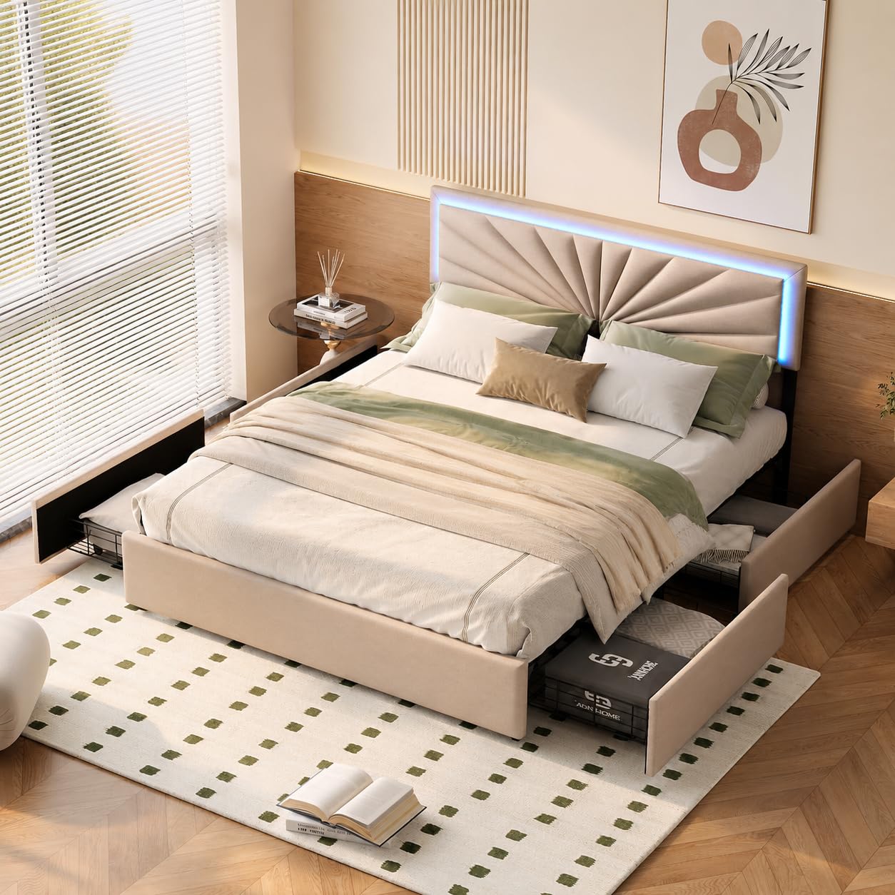 CDQL Letto matrimoniale 160 x 200 cm, con 4 cassetti per riporre oggetti, letto imbottito, letto a LED con testiera regolabile in altezza, struttura del letto con rete a doghe, lino, beige