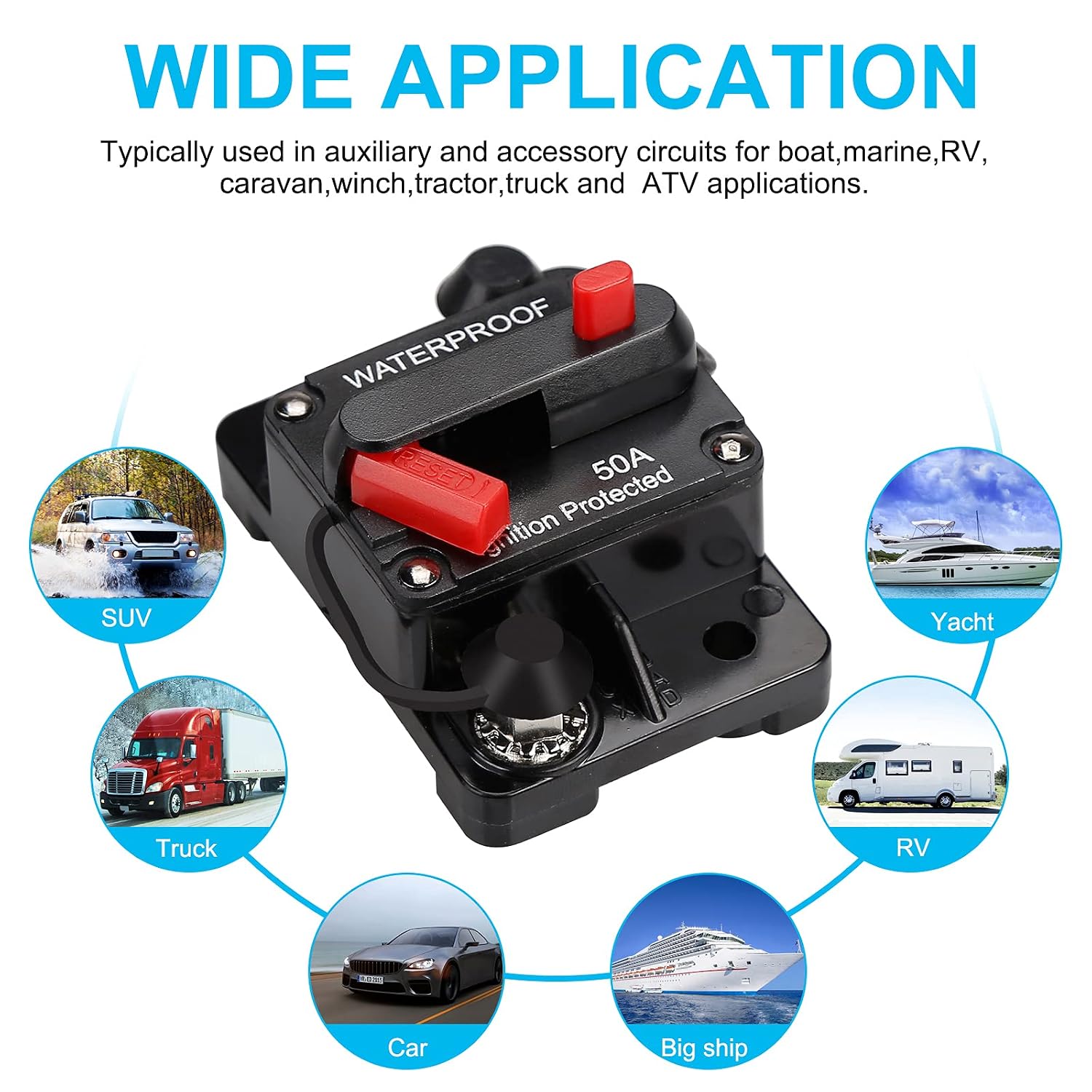 50 Amp 12V-48V DC Fuse Holder,Audio Circuit Breaker,Auto Car Stereo Inline Fuse Holders, Manual Reset,for Car Audio Marine Boat Stereo with Wire Lugs and Heat Shrink Tube