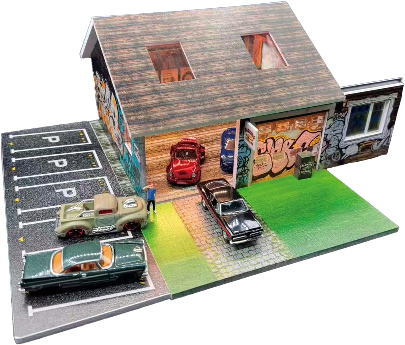 1/64 Scale Die-cast Model Cars Display Case for Hot Wheels，Diorama Parking Lot Garage with LED Lights Compatible with Hot Wheels Diecast Cars Model for 1:64 Mini Toy Cars Display and Storage