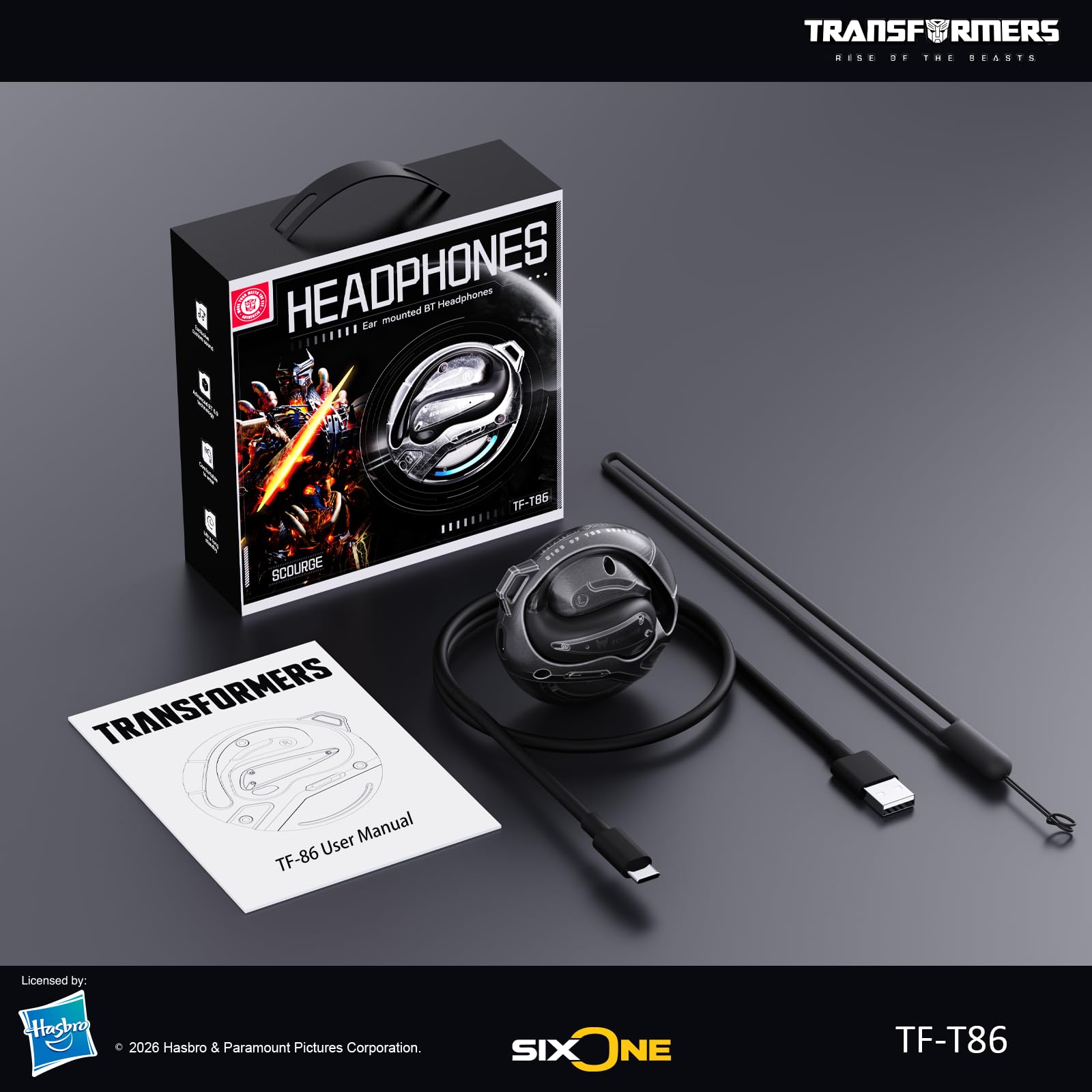 Transformers Flux T86 Auricolari wireless Bluetooth con gancio auricolare, custodia di ricarica per armatura in lega di zinco resistente, driver Hi-Fi da 14,2 mm, microfono integrato, modalità gioco e