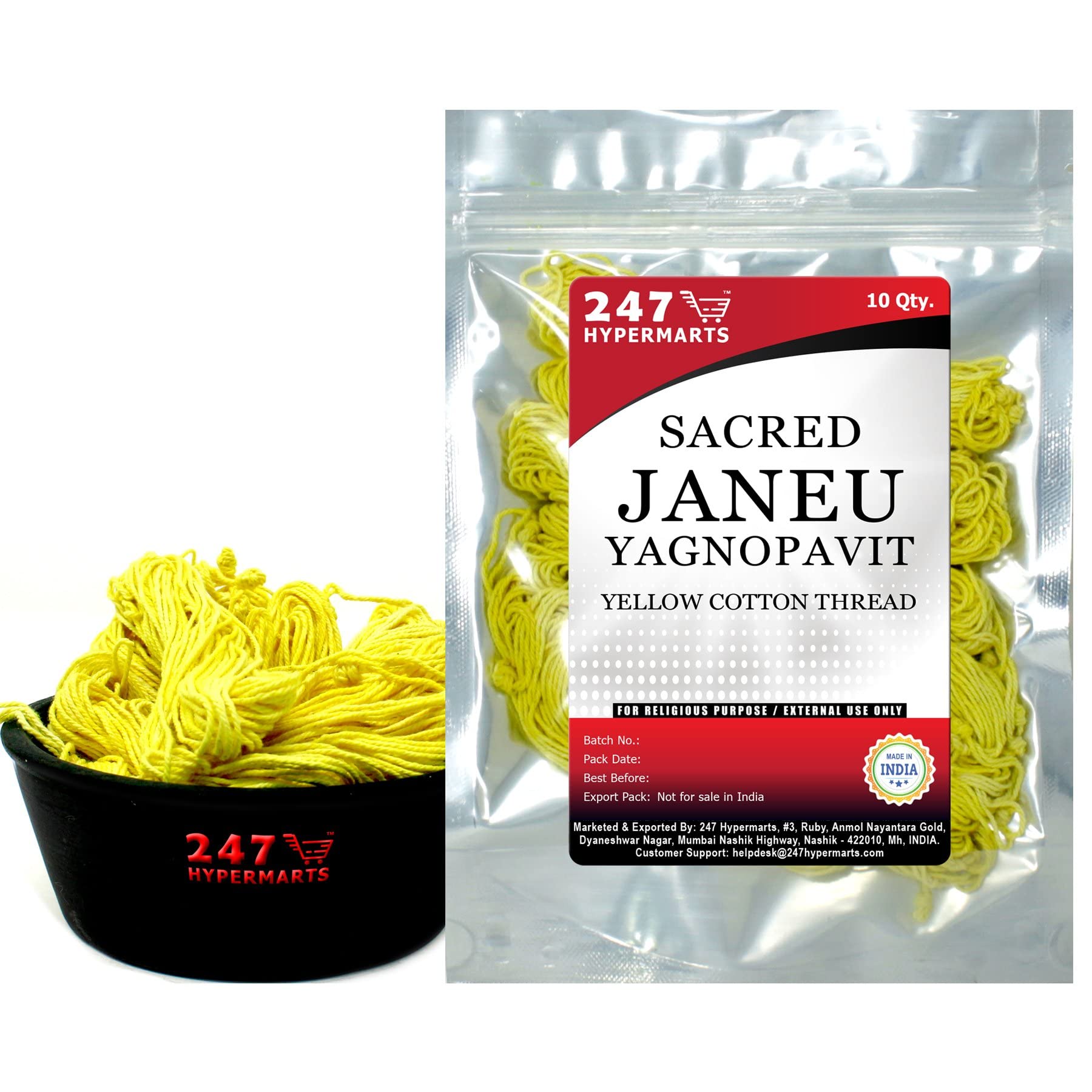 247 Hypermarts Yellow Janoi Yagnopavit Thread (10 Pcs. Pure Cotton Janeu) Sacred Brahmin Janeu Thread for Home Puja, Diwali Pooja, Janeva Upanayana Sanskara & Havan Yagya Samagri