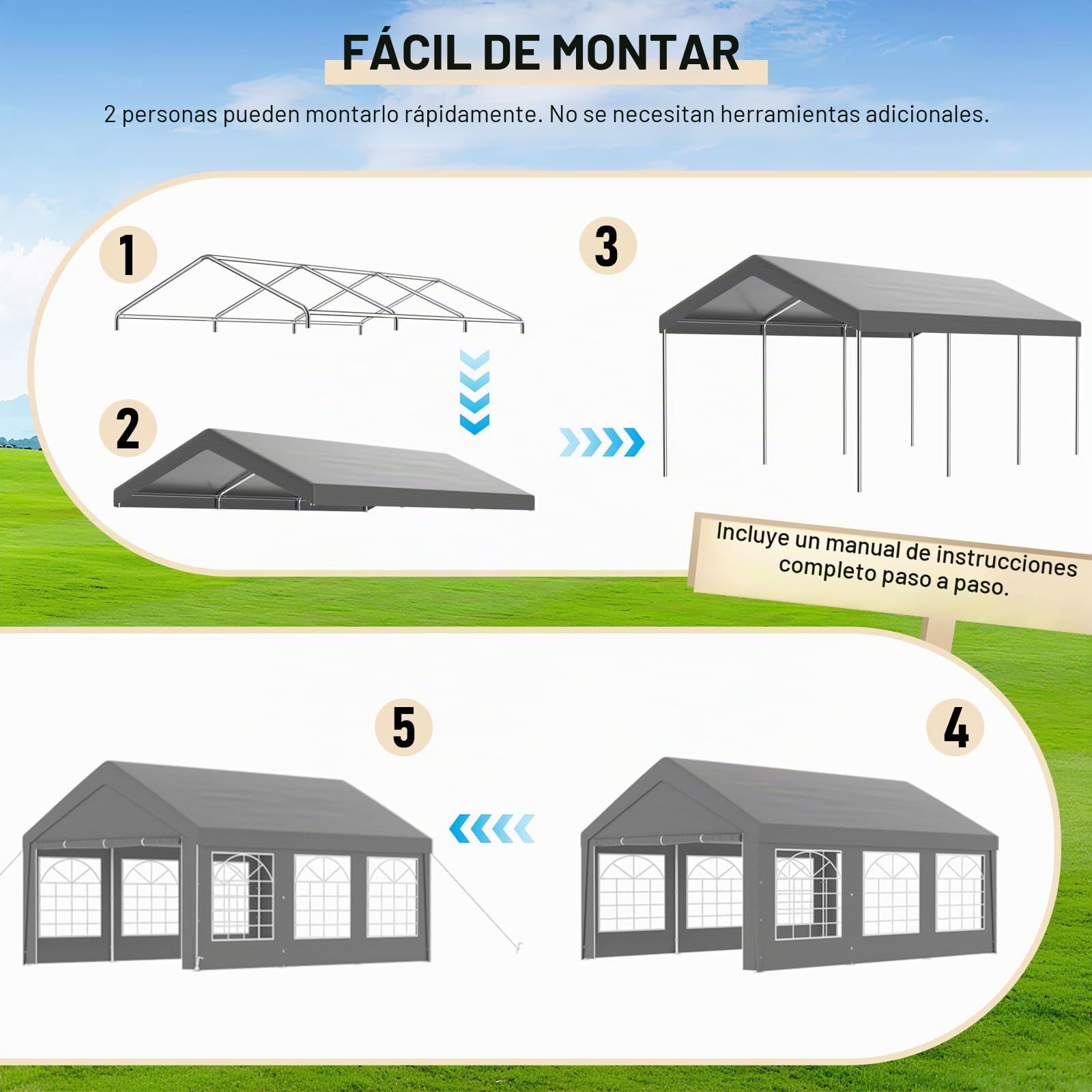Carpa de jardín 4 x 6 m, impermeable PE 200 g/m², estructura de acero sólida, protección UV 50+, paredes laterales extraíbles, bolsa de transporte incluida, gris