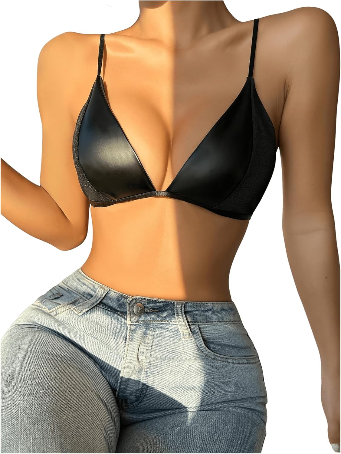 SHENHE Women's PU Faux Leather Push Up Brassieres Spaghetti Strap Underwire Bras - Image 4