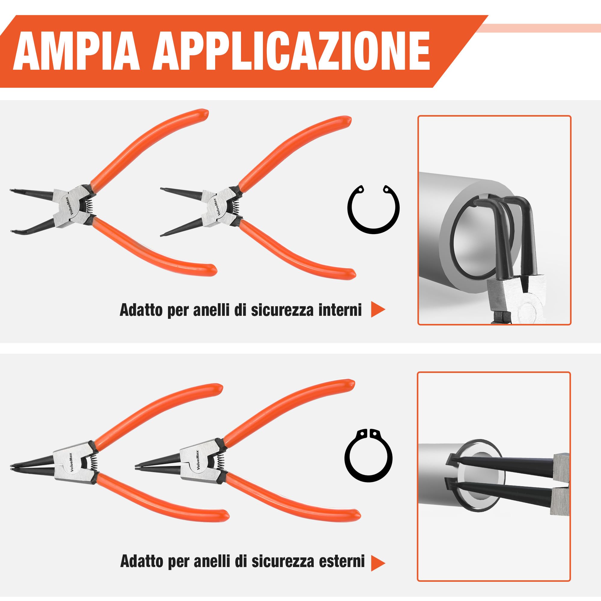 ValueMax Set di 4 Pinze per Anelli di Sicurezza 165mm e 180mm, Pinza per Seeger con Borsa Portatile, Punte Dritte e Curve per Bloccaggio Interno ed Esterno